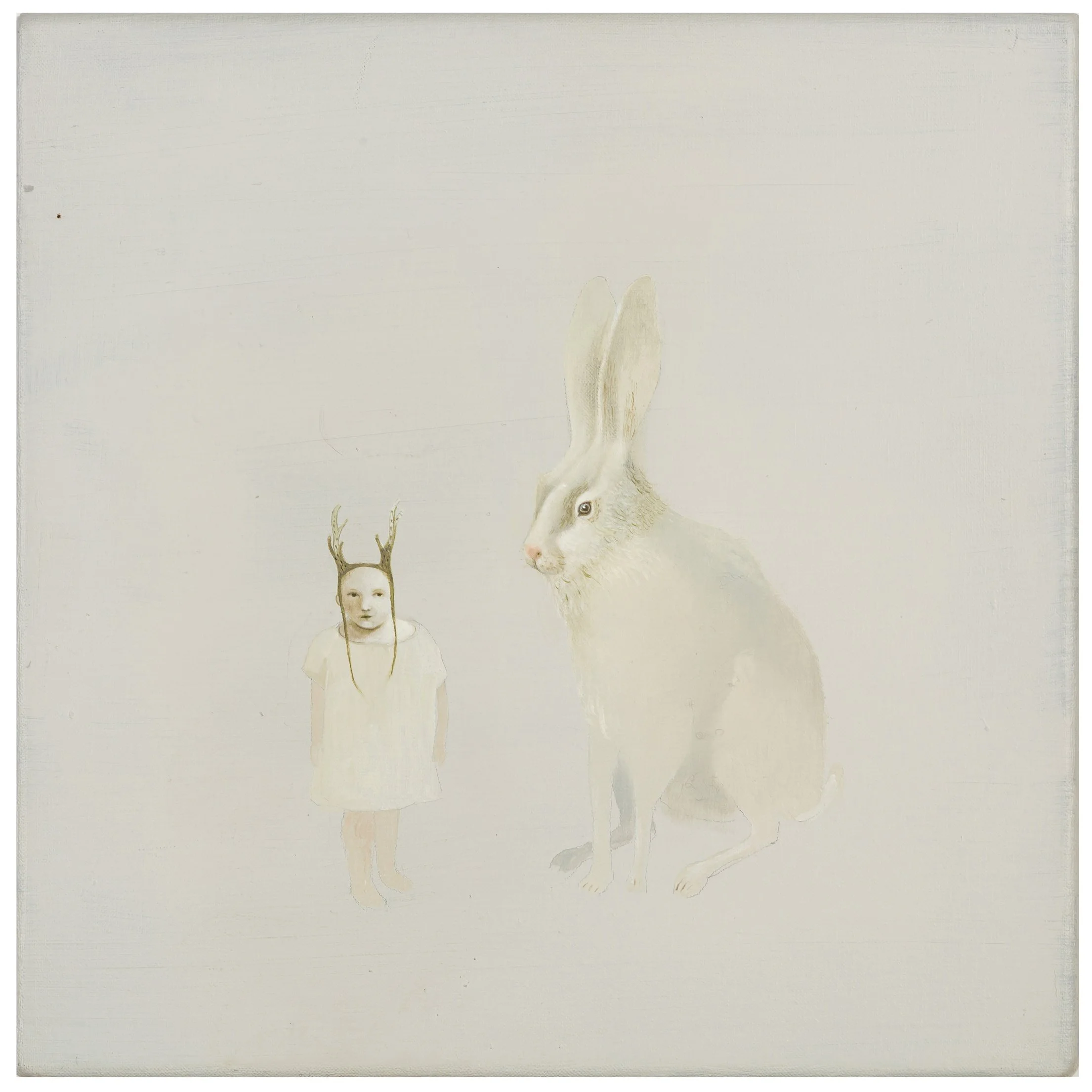 A young girl with a deer's antlers headband stands next to a large rabbit with long ears, both set against a plain, light background.