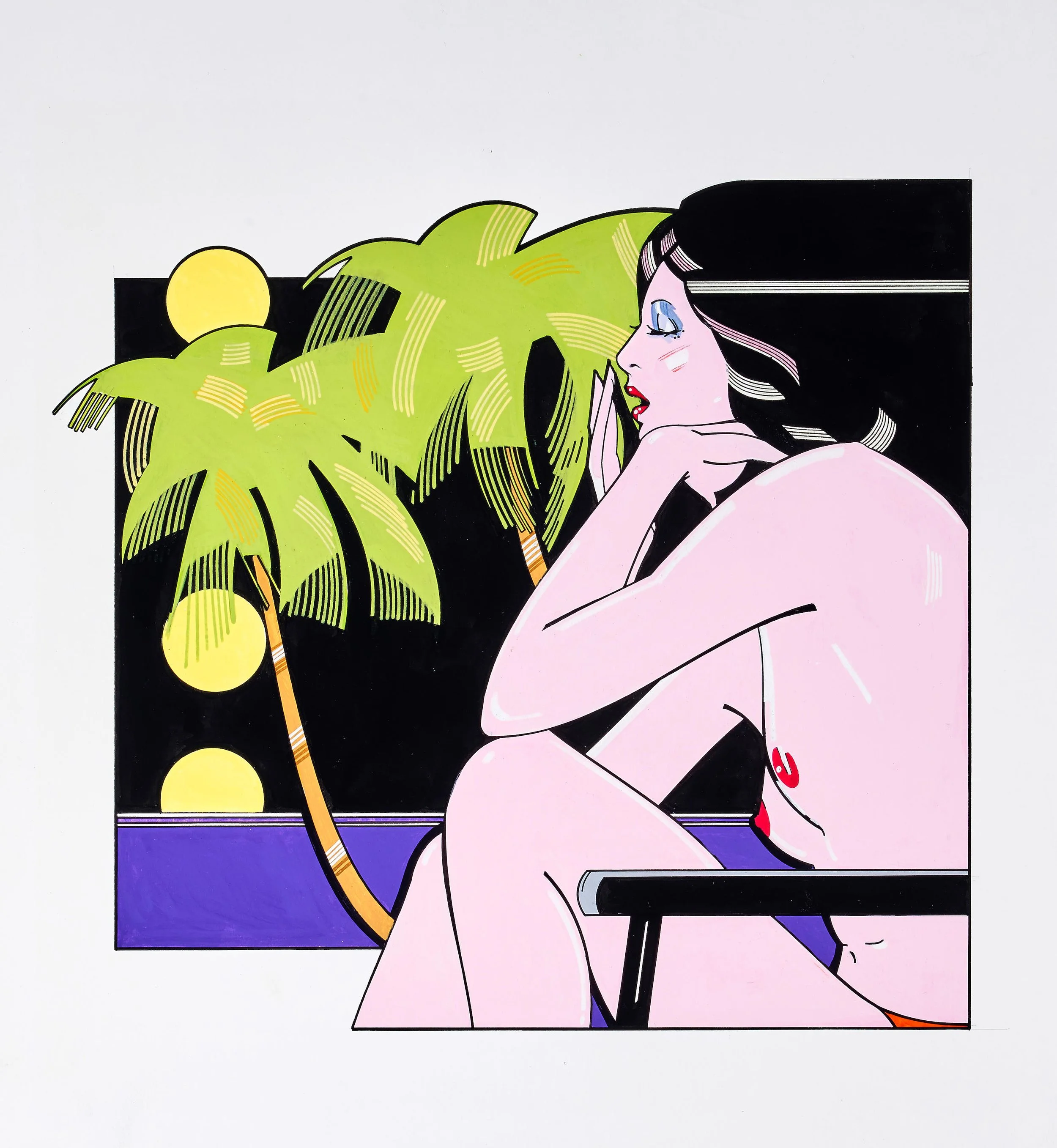 PATRICK NAGEL (1945-1984) 'Up Front After Hours #4' 1975 titled and dated January 1975 on a label affixed to the reverse ink and gouache on illustration board 18 7/8 by 14 7/8 in.
