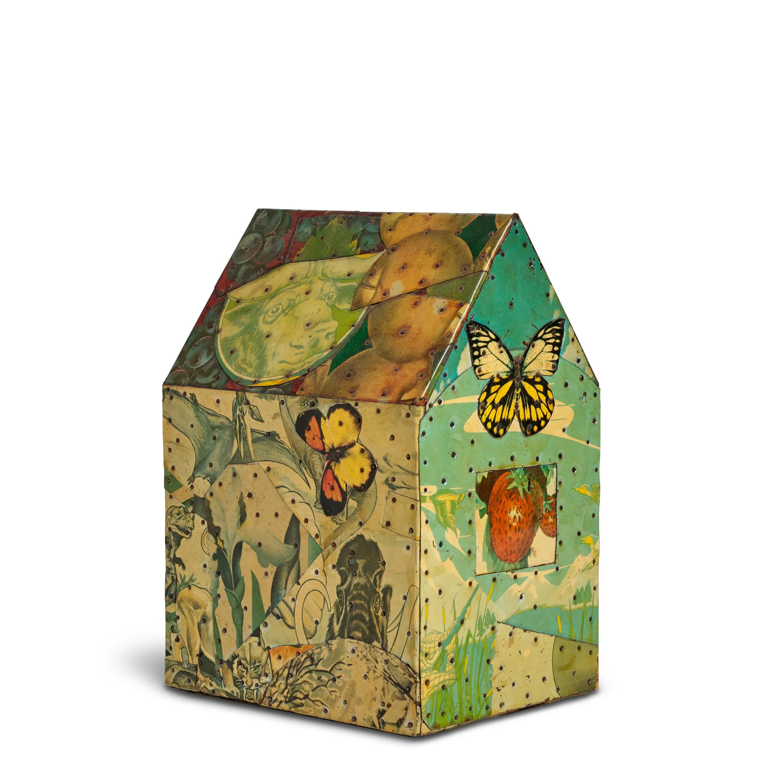 Decorative paper house with butterfly and fruit illustrations, including strawberries, apples, and various butterflies.