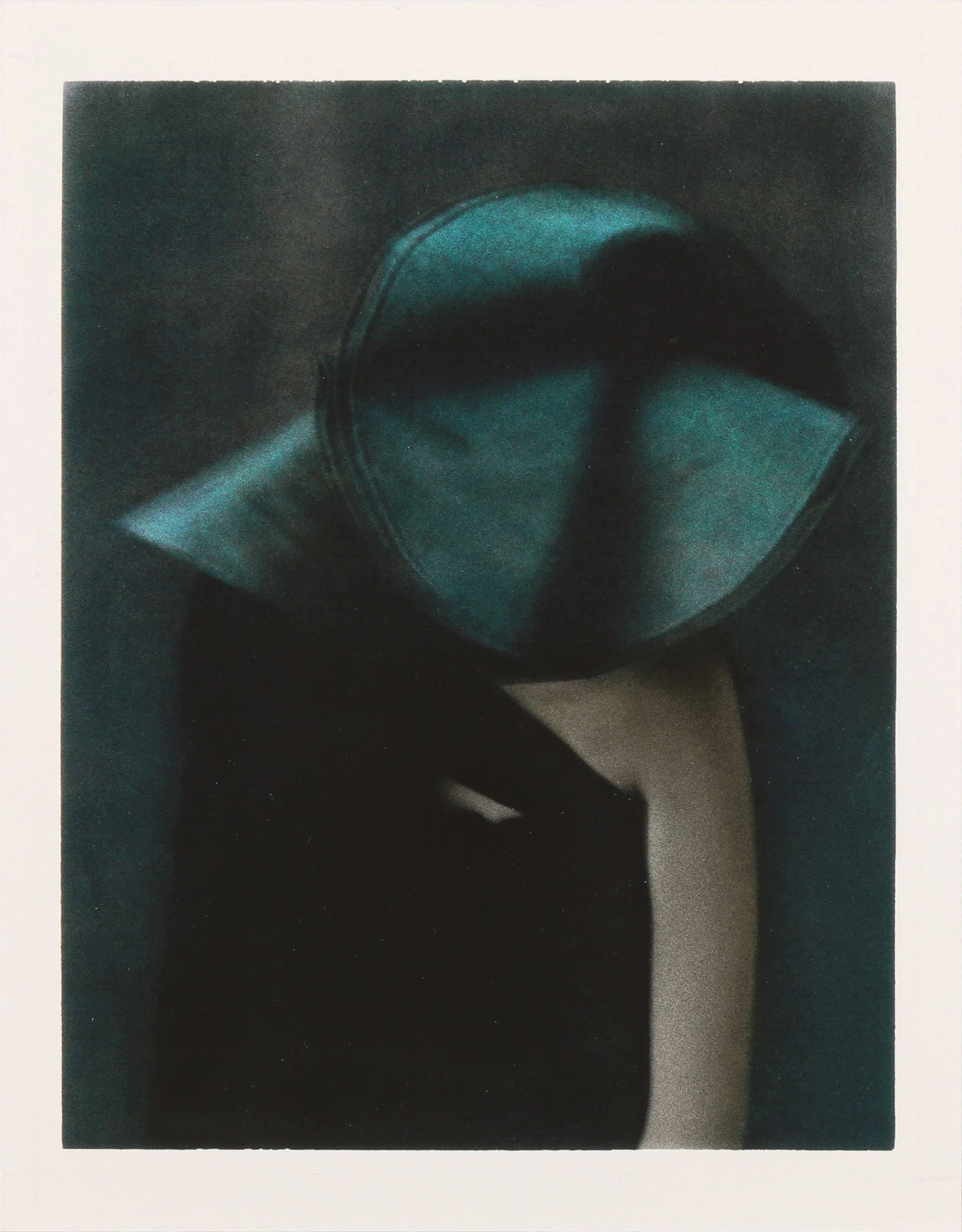 Abstract painting with dark background and shades of blue and teal, featuring geometric shapes and a circular form.