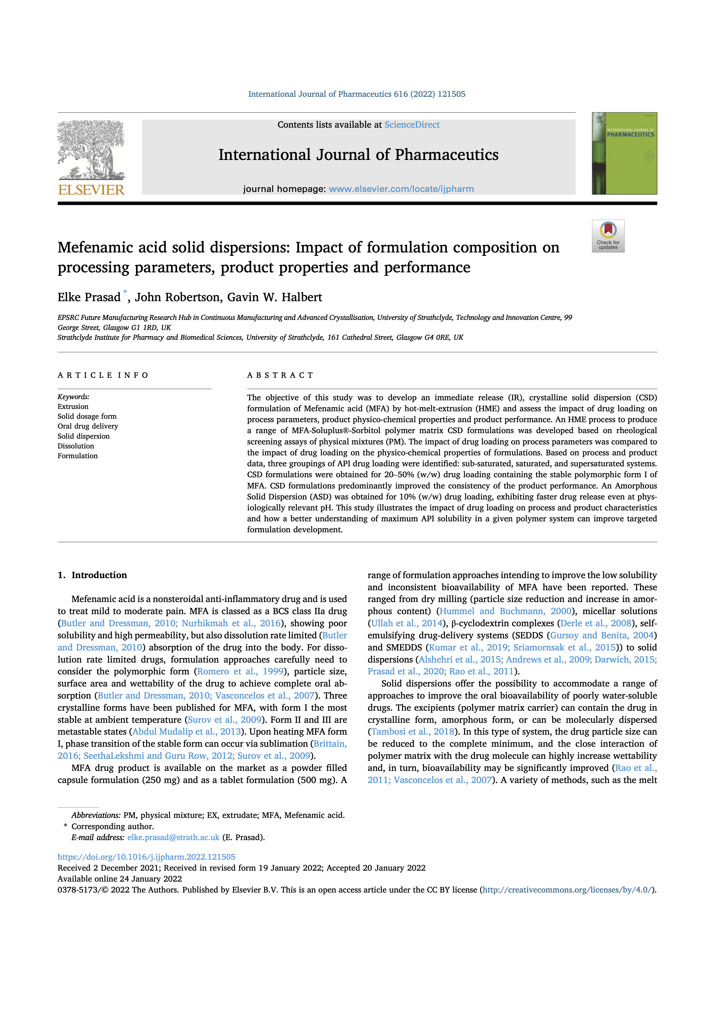 Mefenamic acid solid dispersions: Impact of formulation composition on processing parameters, product properties and performance