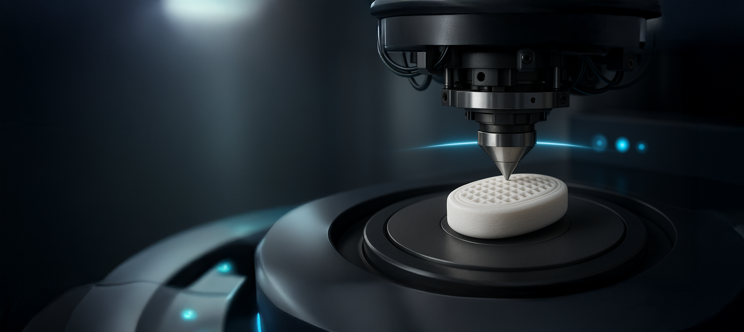 A 3D printer machine printing a white, oval-shaped object with a textured top surface.