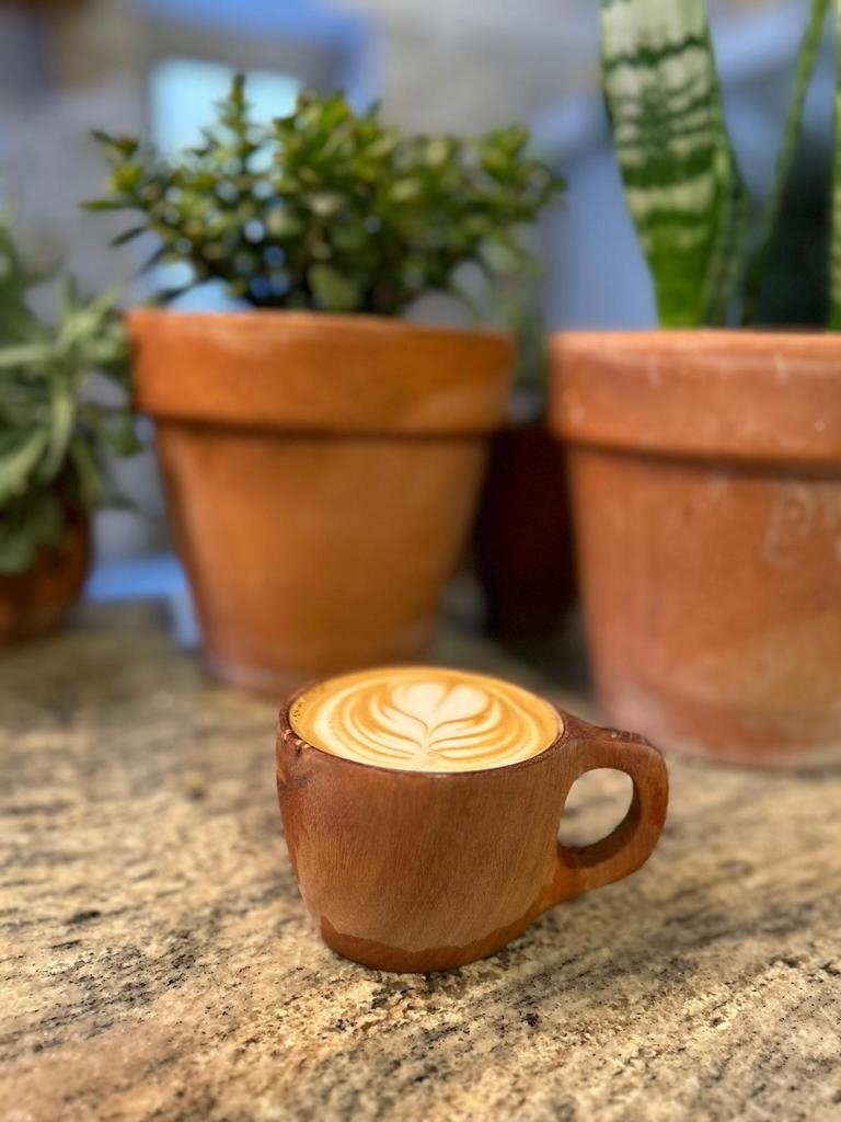 A wooden cup of latte with foam art, placed on a granite countertop, surrounded by potted plants in the background.