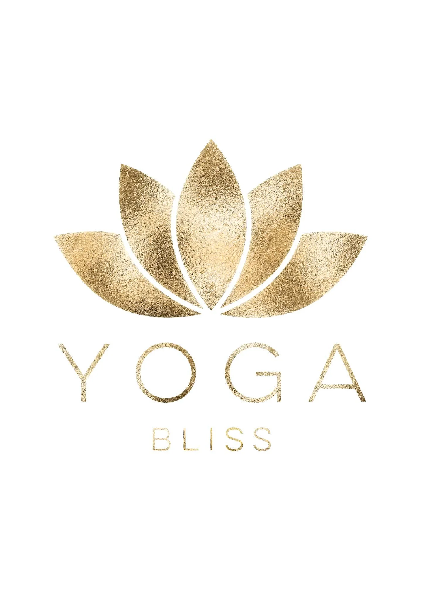 Gold foil lotus flower logo with the words 'YOGA BLISS' underneath on a white background.
