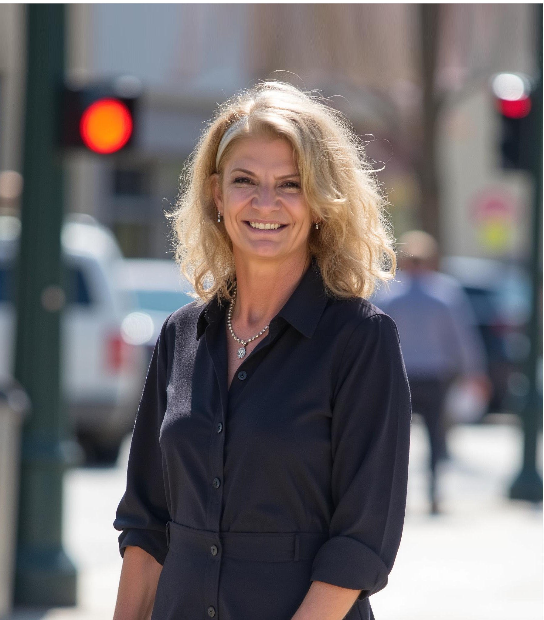 A woman with blonde curly hair, wearing a black dress, standing outside on a city street, smiling at the camera.