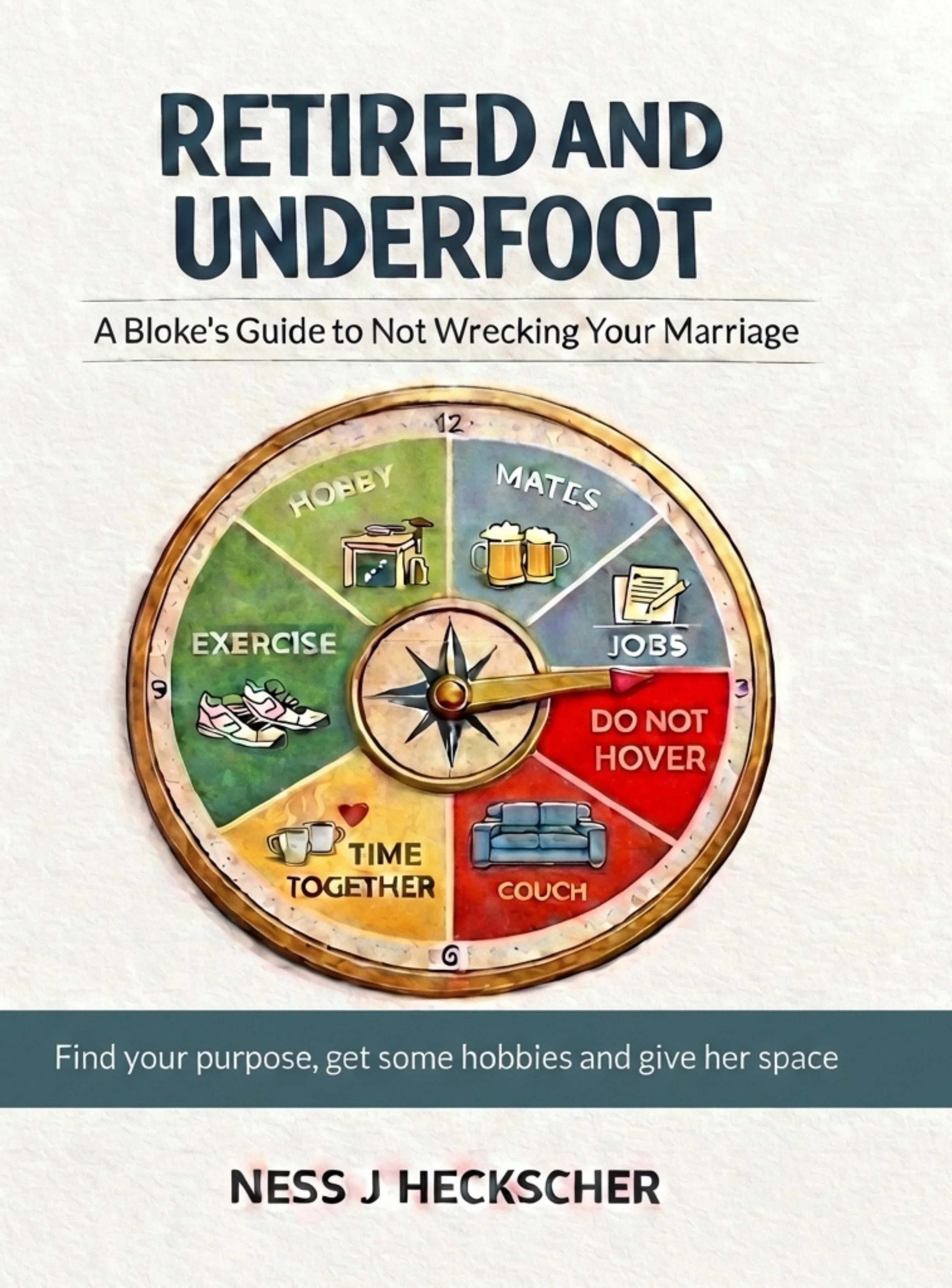 Book cover titled "Retired and Underfoot: A Bloke's Guide to Not Wrecking Your Marriage" featuring a colorful clock illustration divided into sections labeled Hobby, Mates, Jobs, Do Not Hover, Couch, Time Together, Exercise, and a central compass. The cover suggests finding purpose, hobbies, and giving space in marriage. Author is Ness J Heckscer.