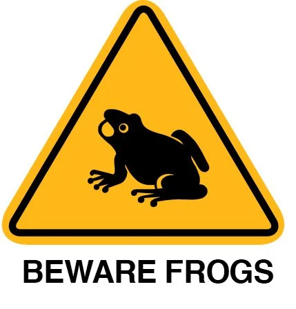 Yellow triangular warning sign with a black frog silhouette and the text 'BEWARE FROGS' underneath.