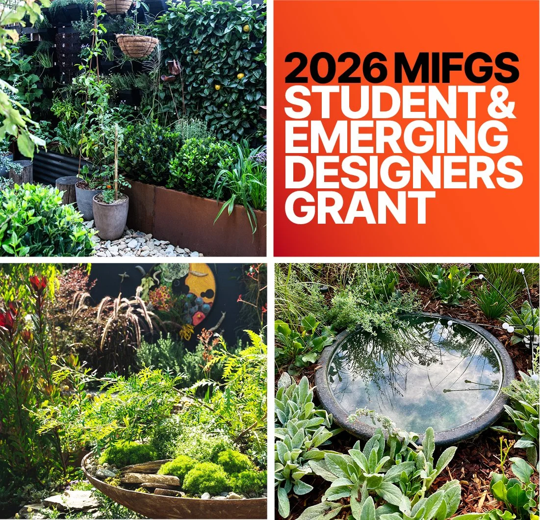 Collage of three garden images and a red-orange graphic with black and white text that reads '2026 MIFGS Student & Emerging Designers Grant.' The garden images feature potted plants, lush greenery, a pond with a reflective surface, and planted borders.