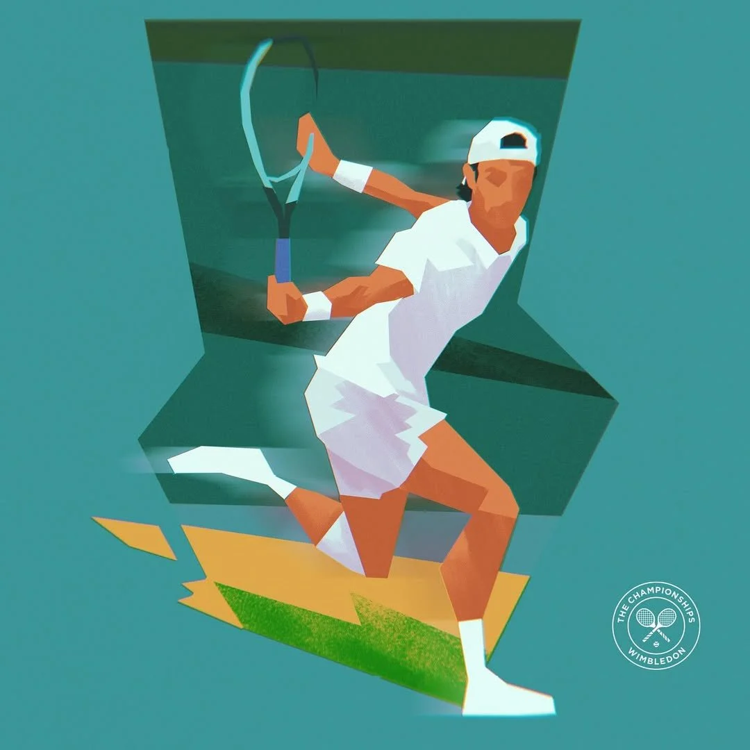 Illustration of a Musetti, a tennis player in white sportswear, in motion with his racket, on a tennis court. The Wimbledon logo is visible in the bottom right corner.