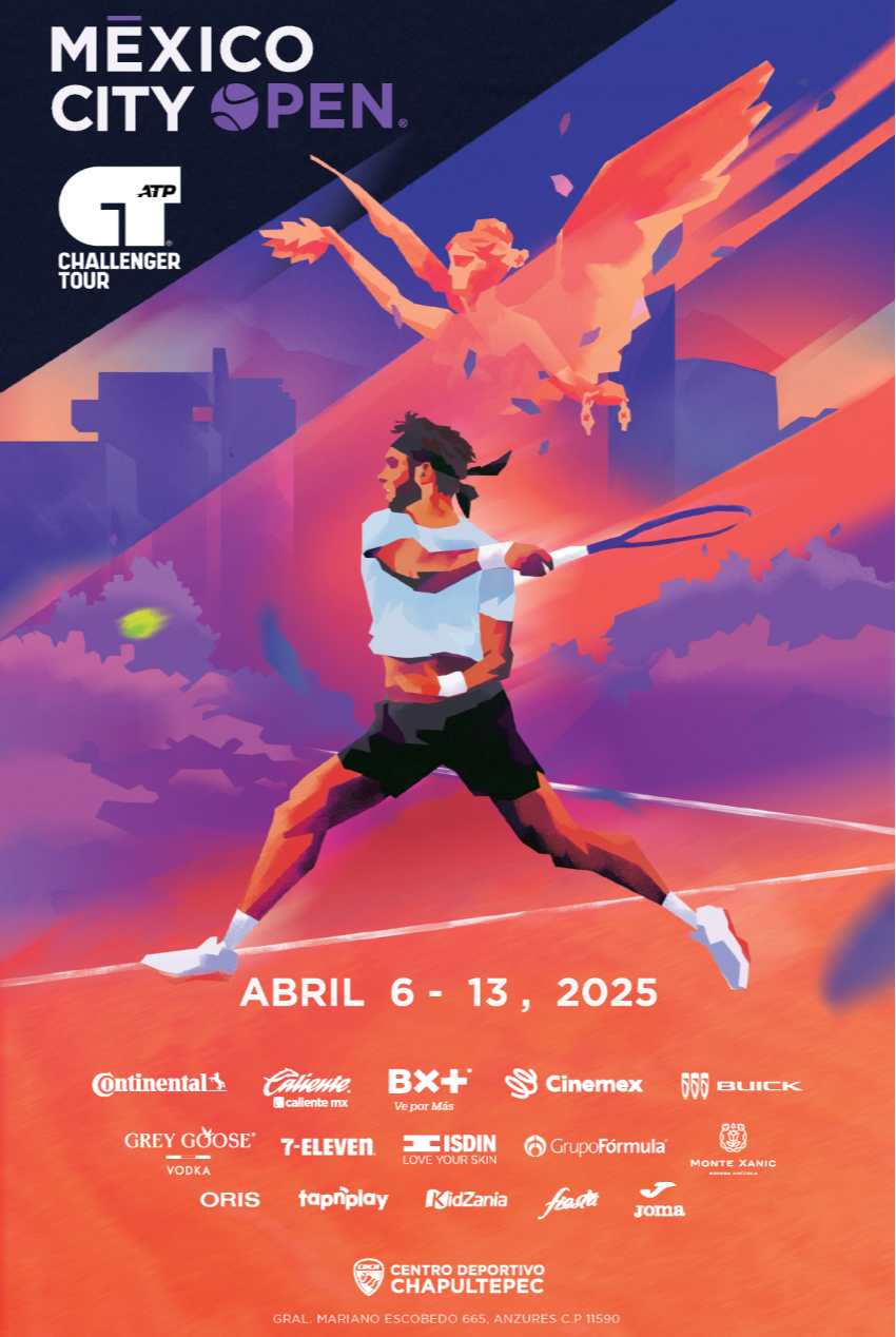 A poster for the Mexico City Open tennis tournament, scheduled for April 6-13, 2025. The poster features a stylized illustration of a tennis player holding a racket, with an angelic figure wielding a sword and an eagle in the background. Logos of sponsors are at the bottom.