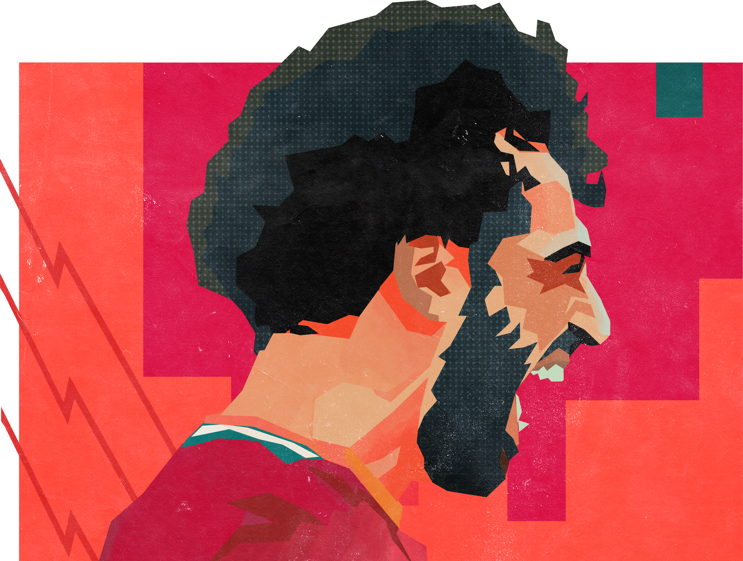 Stylized digital illustration of a Mo Salah, set against a pink background with abstract shapes and zigzag lines.