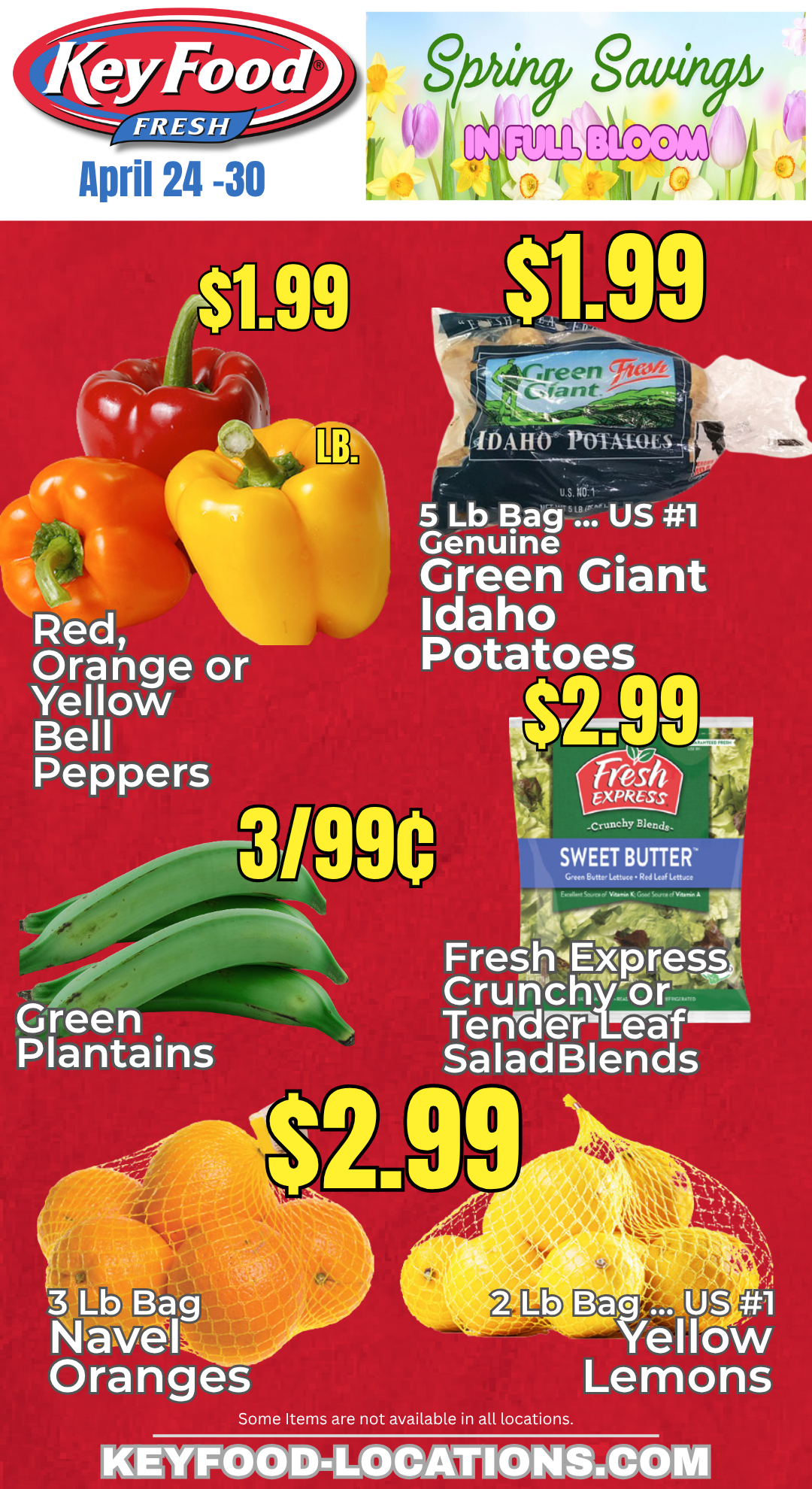 Promotional flyer for Key Food Fresh with spring savings. Features prices on red, orange, or yellow bell peppers, Idaho potatoes, green plantains, navel oranges, and yellow lemons.