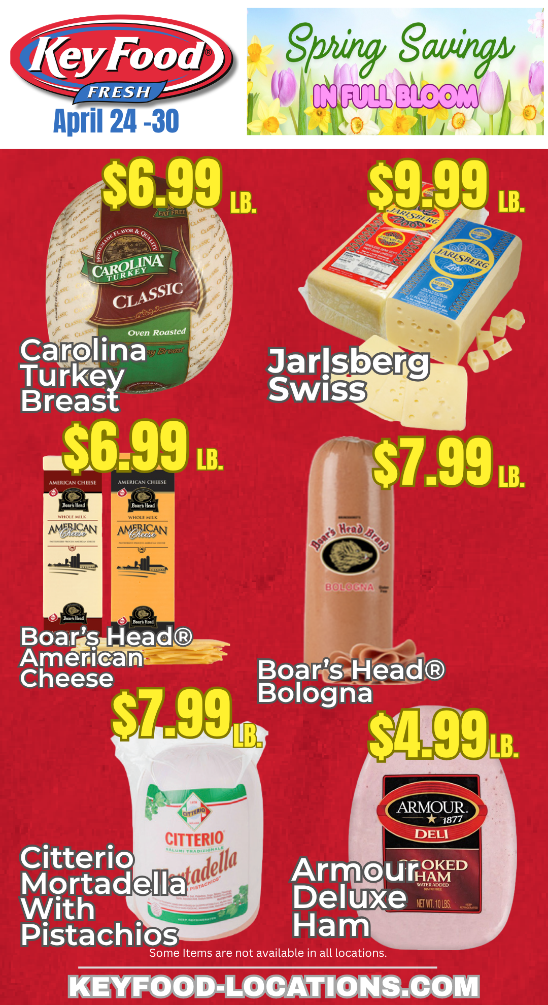 Advertisement for Key Food Spring Sale, April 24-30, featuring prices on Carolina turkey breast, Jarlsberg Swiss cheese, Boar's Head American cheese, Boar's Head Bologna, Citterio Mortadella with Pistachios, and Armour Deli Smoked Ham. Colorful flora