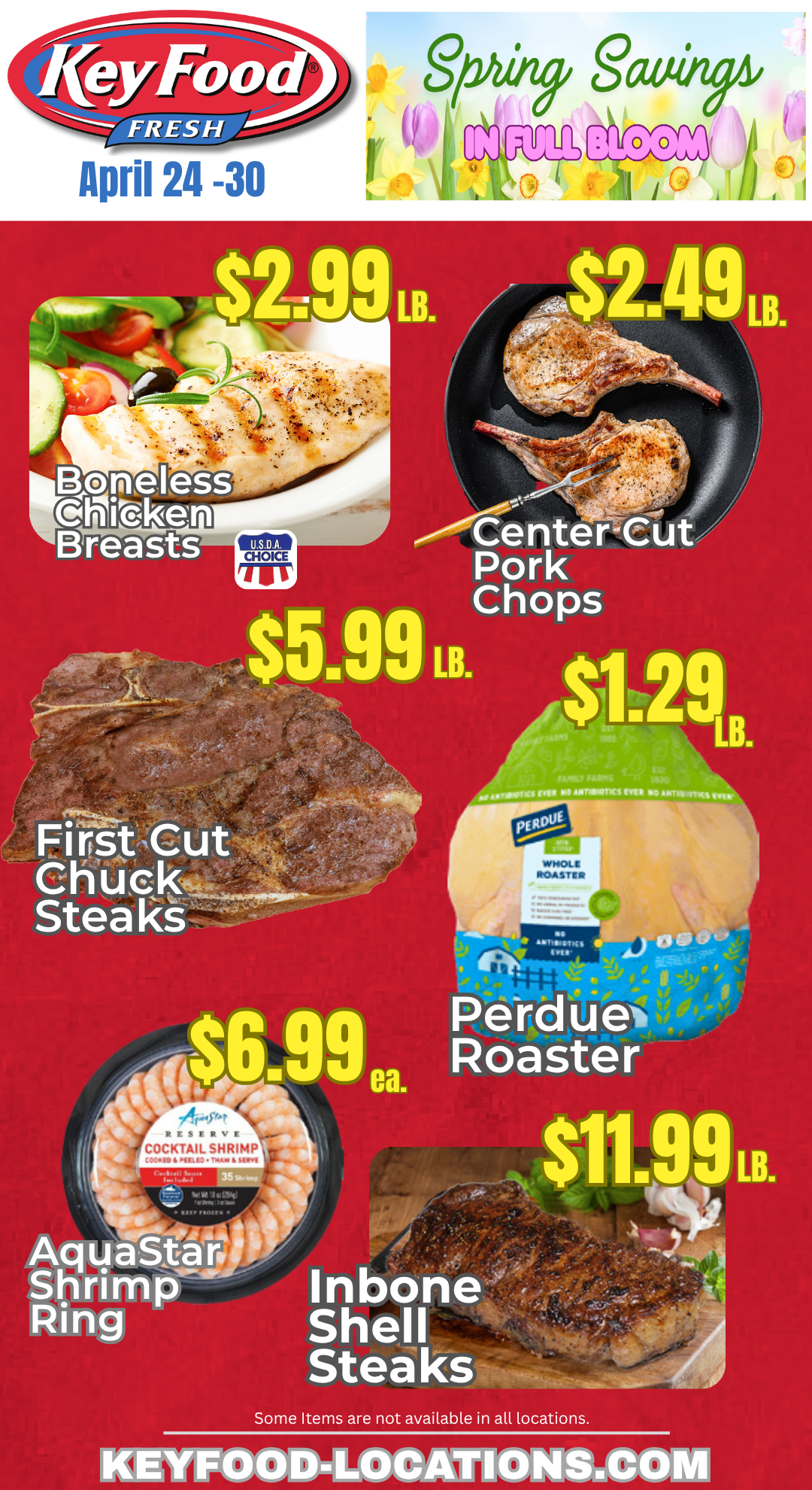 A grocery store advertisement featuring spring savings on various meats and seafood, including boneless chicken breasts, center cut pork chops, first cut chuck steaks, Perdue roaster chicken, AquaStar shrimp ring, and Inbone shell steaks, with prices