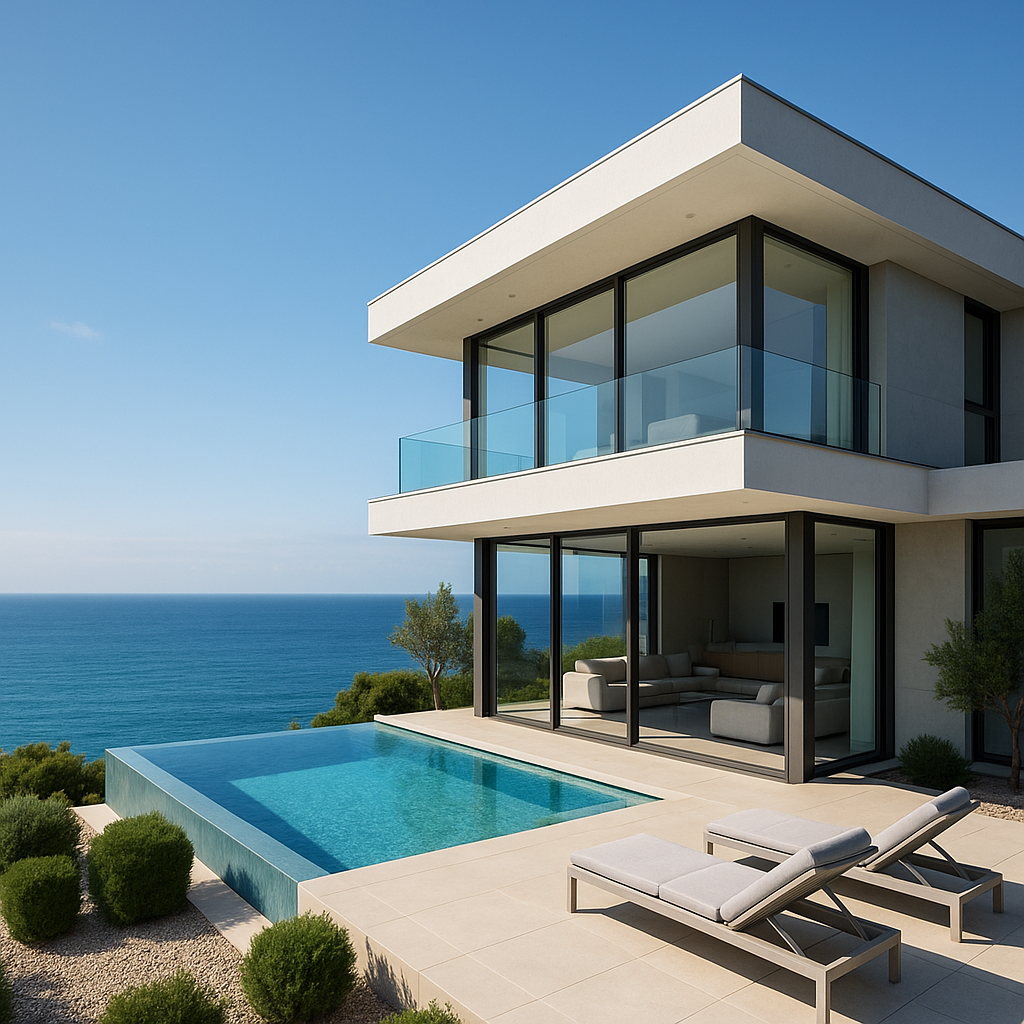 Maison moderne avec vue sur la mer, piscine et chaises longues dans un cadre ensoleillé.