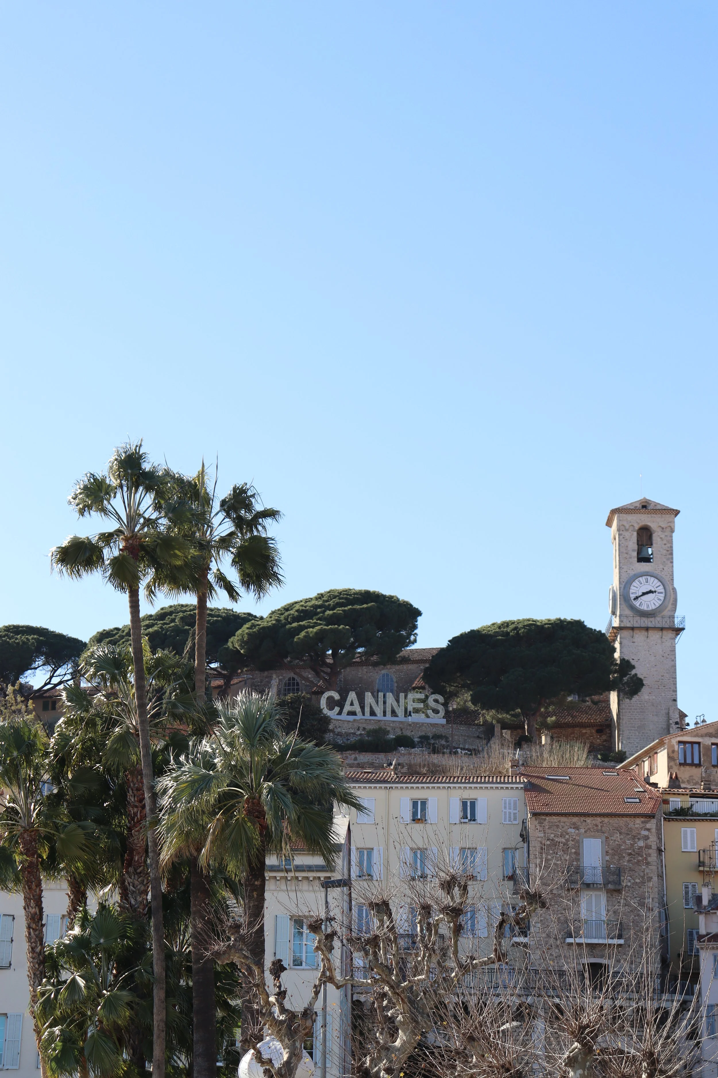 A view of a hillside in Cannes with palm trees in the foreground, traditional European buildings, and a large sign spelling 'CANNES' on the hilltop. A clock tower is also visible.