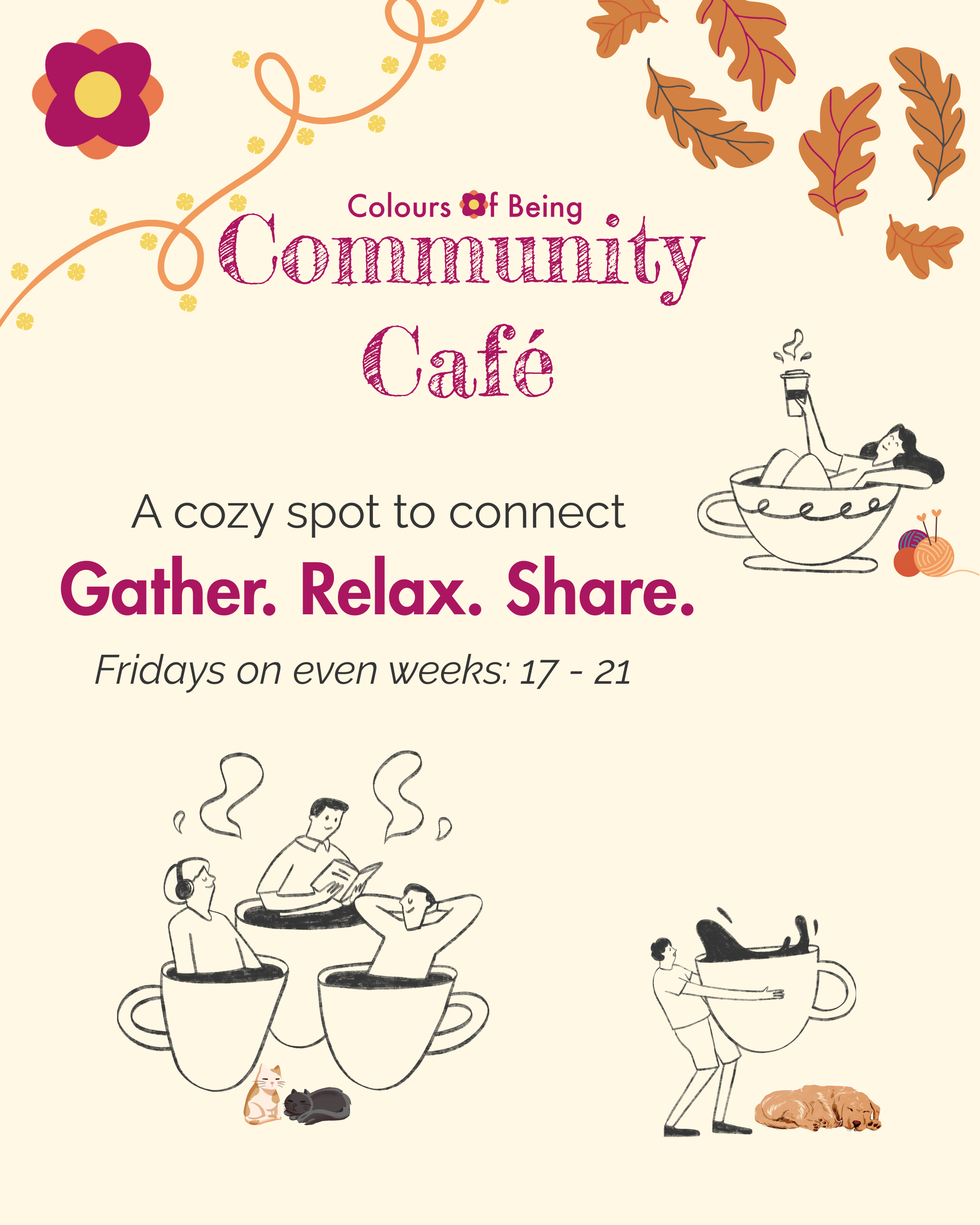 Flyer for Community Café, featuring illustrations of people and animals enjoying coffee, with fall leaves and flowers decorating the background.