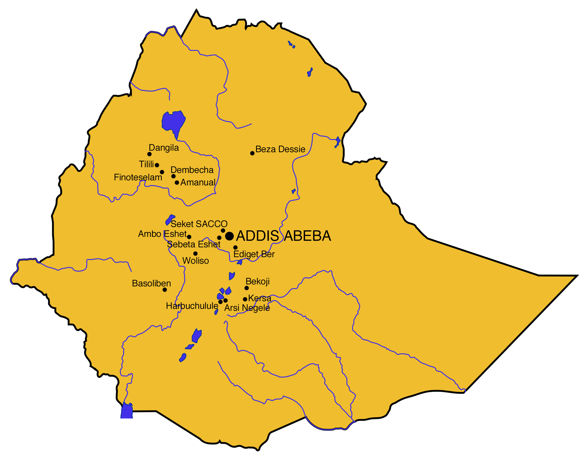 Map of Ethiopia highlighting Addis Abeba and nearby towns and rivers in blue, with lakes and rivers marked, and town names labeled.