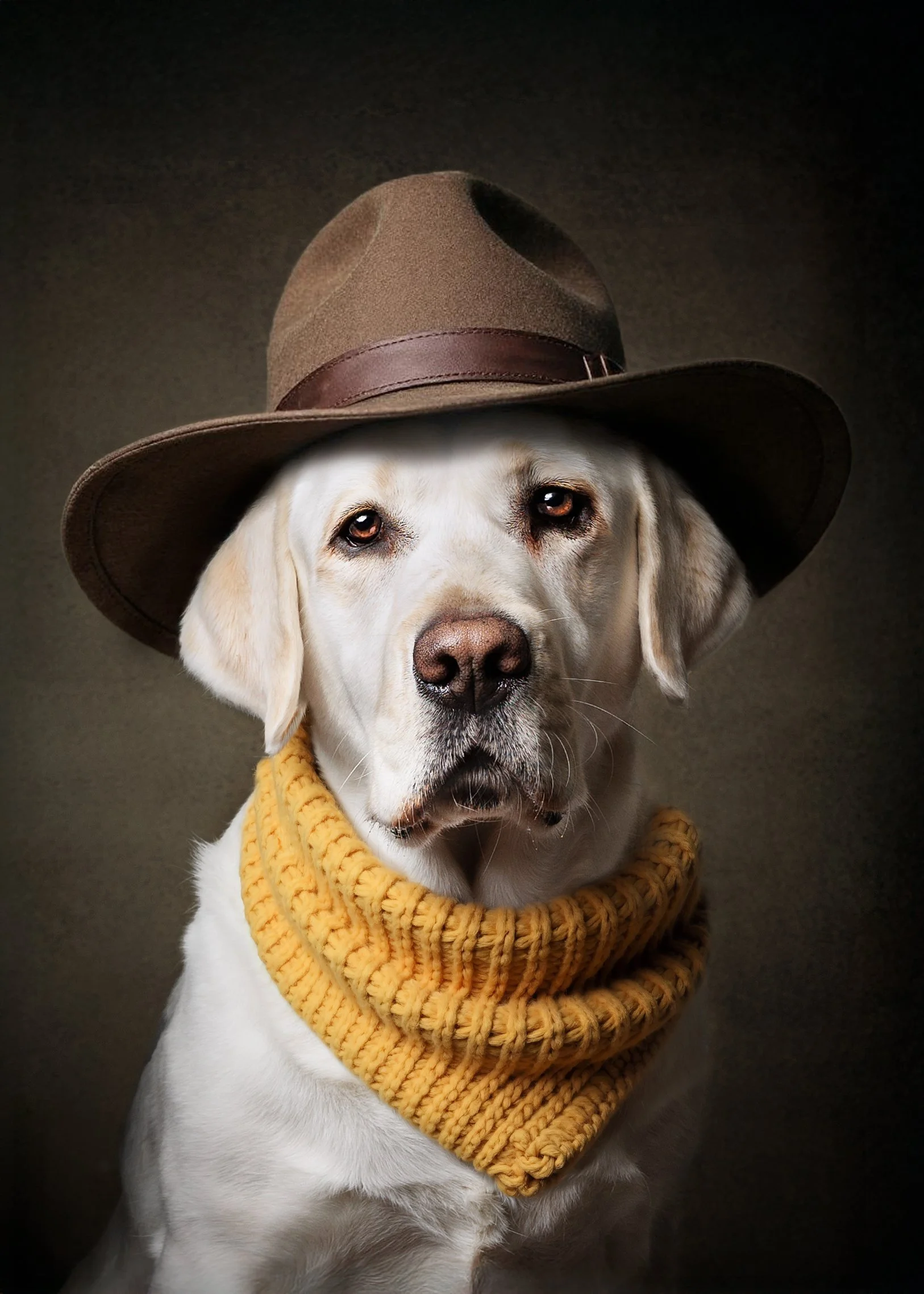 A Labrador dog wearing a brown hat and a yellow knit scarf, with a serious expression against a dark background photographed in Eagle Bay and Busselton dog photographer
