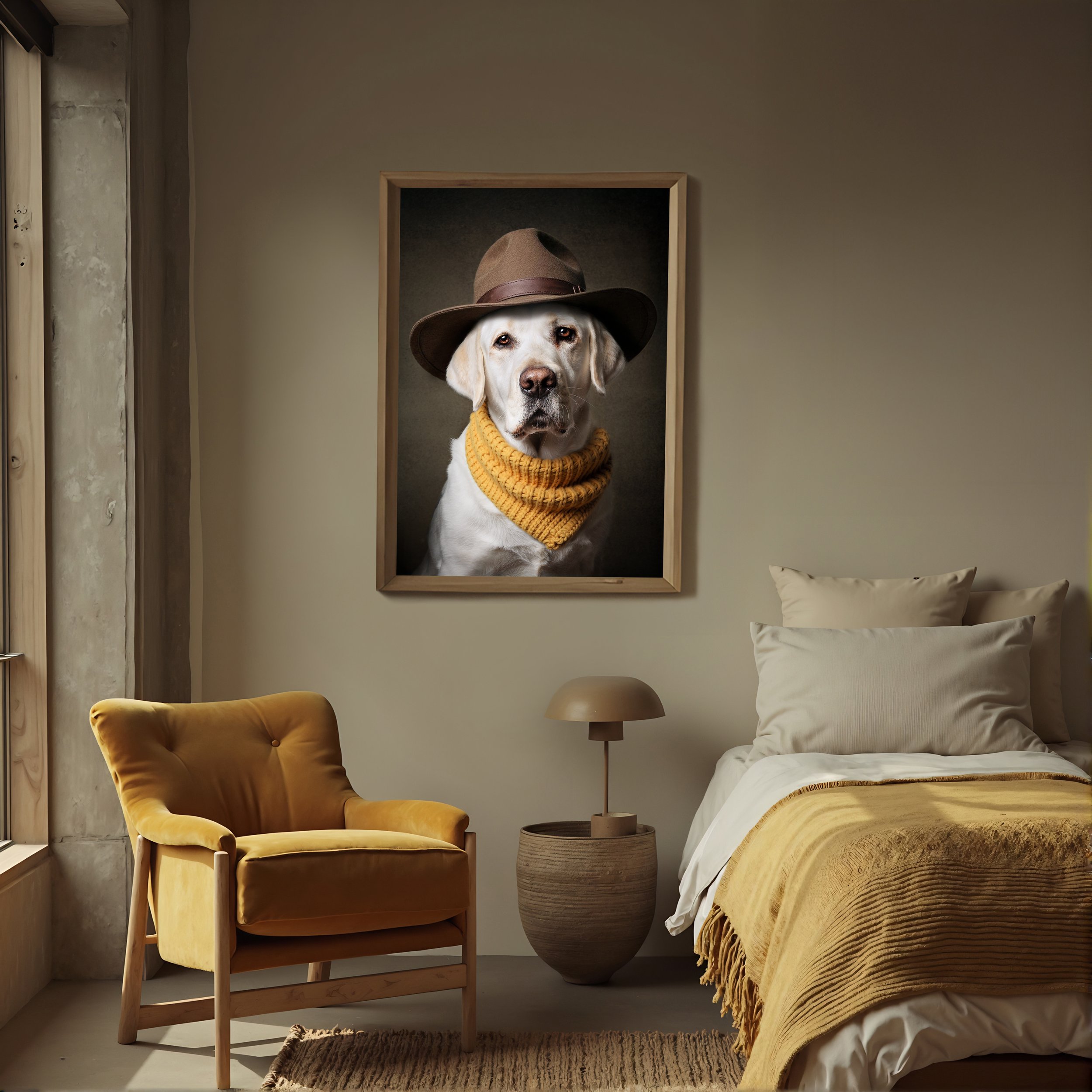 A cozy bedroom with a yellow armchair, a framed portrait of a dog dressed in a brown hat and yellow scarf, a bedside lamp, and a bed with white and yellow bedding photographed by Margaret River and Augusta dog photographer Fur & Fable Studio