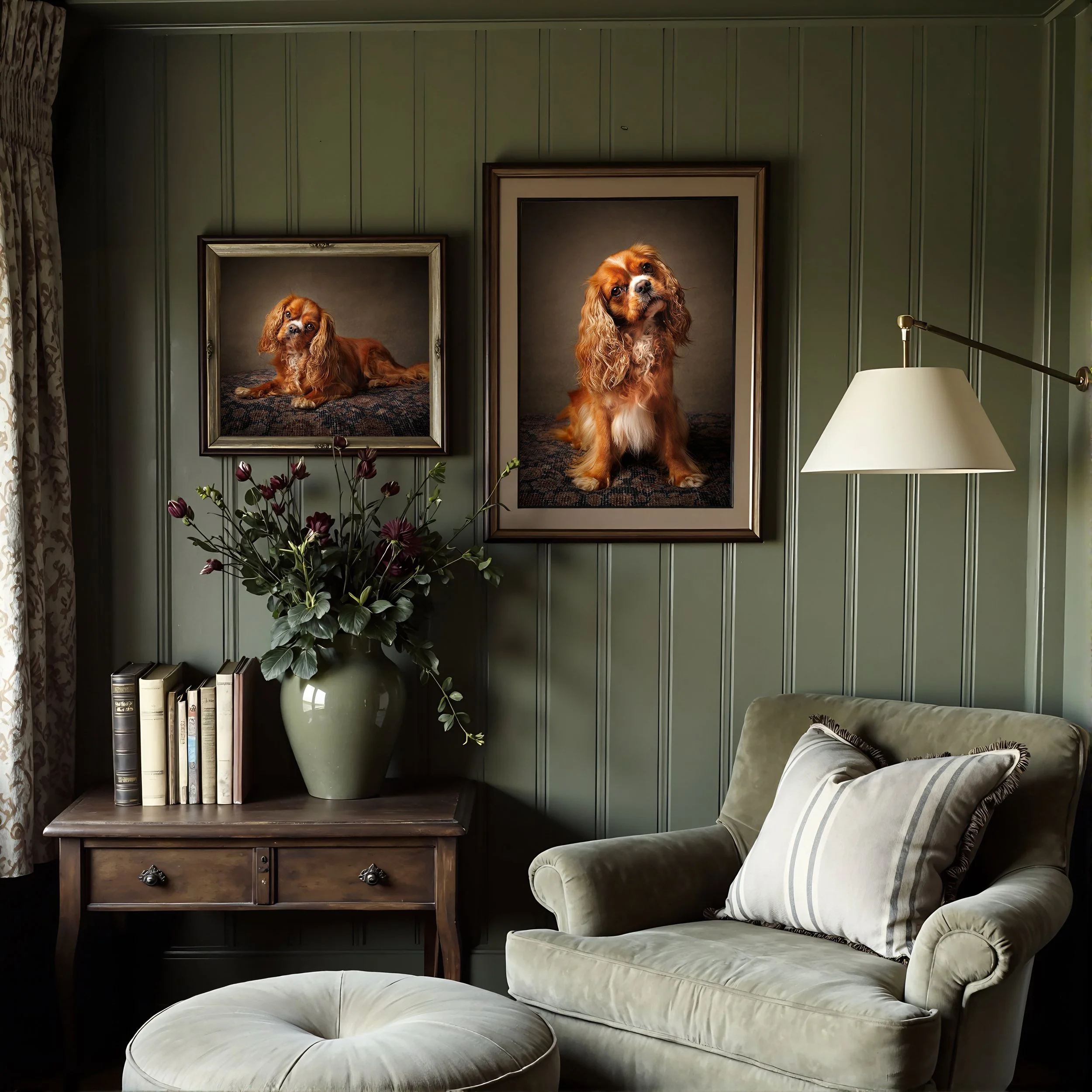 Living room with green paneled wall, two framed dog portraits, a white lamp, and a beige velvet armchair with striped pillow.