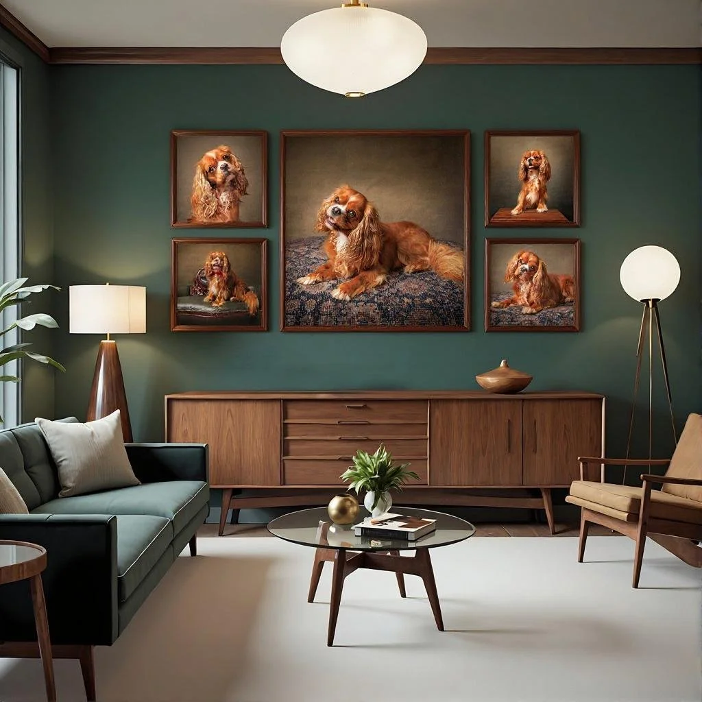 Living room with a green wall decorated with five framed photographs of a brown dog. The room has a dark green sofa with pillows, a light-colored armchair, a wooden sideboard, a round coffee table with books, a plant, a gold decorative object, and two floor lamps, one on each side of the wall.