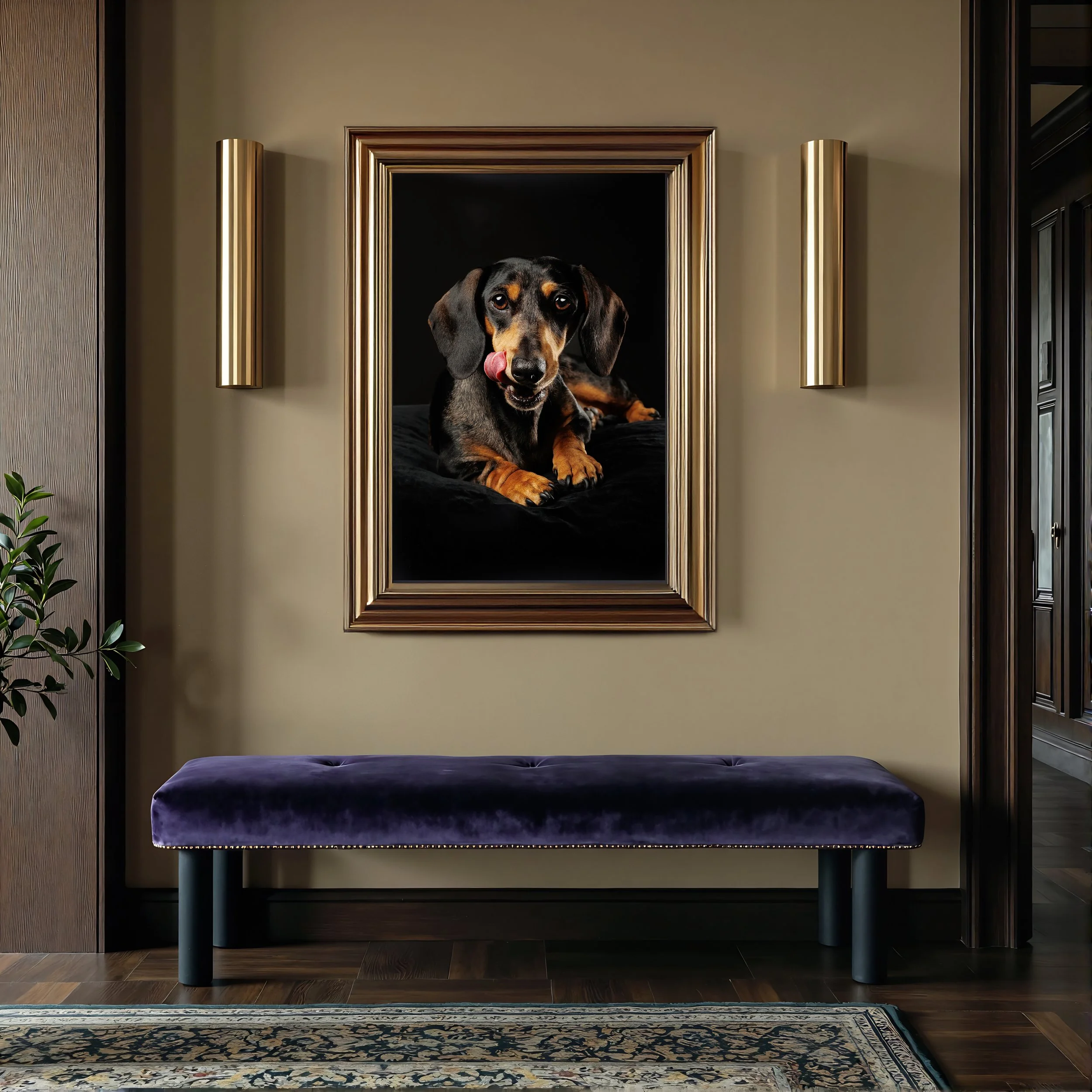 A large framed portrait of a dachshund dog hangs on a beige wall above a purple velvet bench in a stylish interior. photographed by Margaret River and Busselton dog photographer Fur & Fable Studio