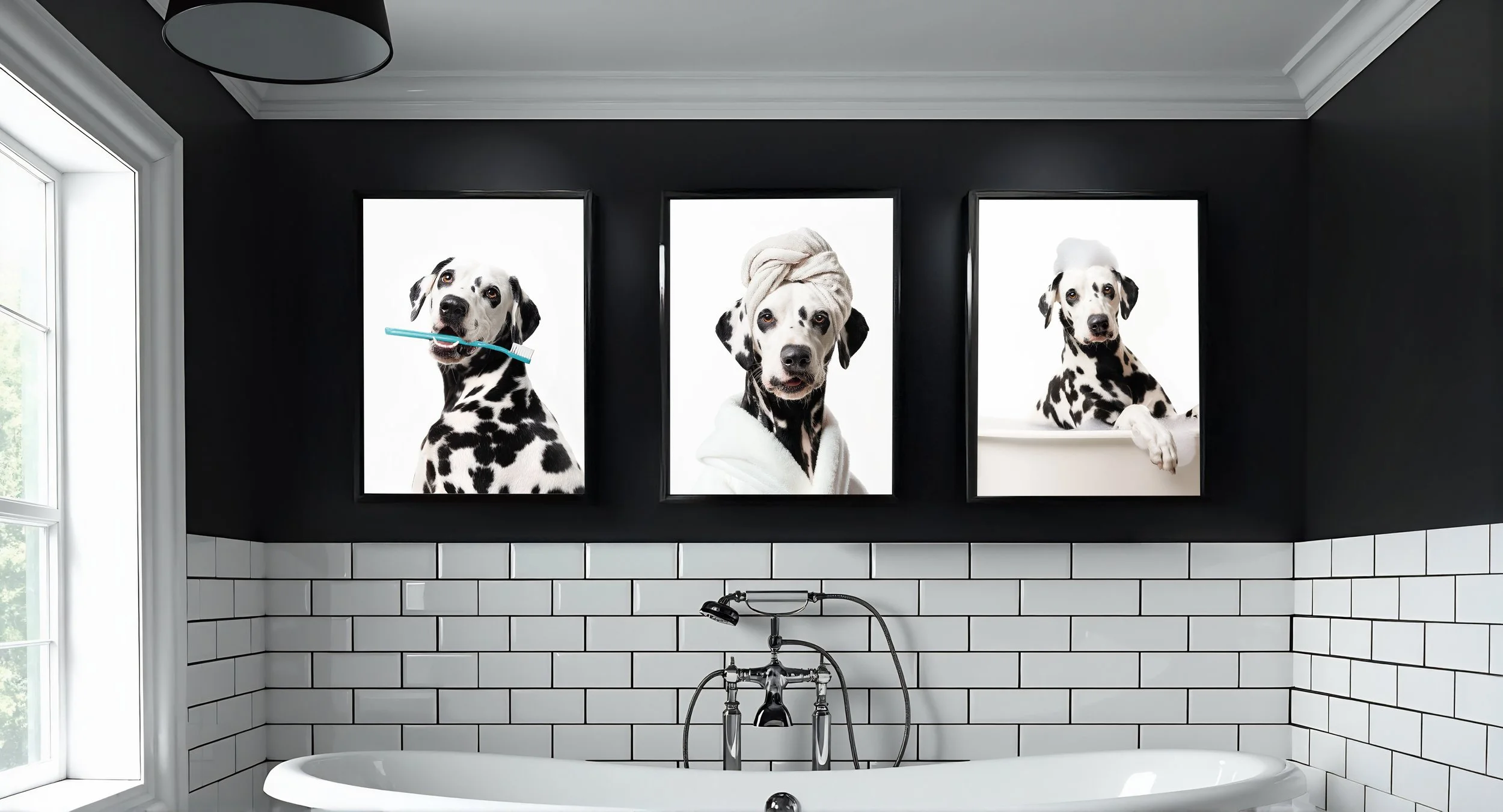 Three framed portrait photos of Dalmatians hang on a dark wall above a bathtub with a white tiled wall behind it, in a bathroom with a window on the left.