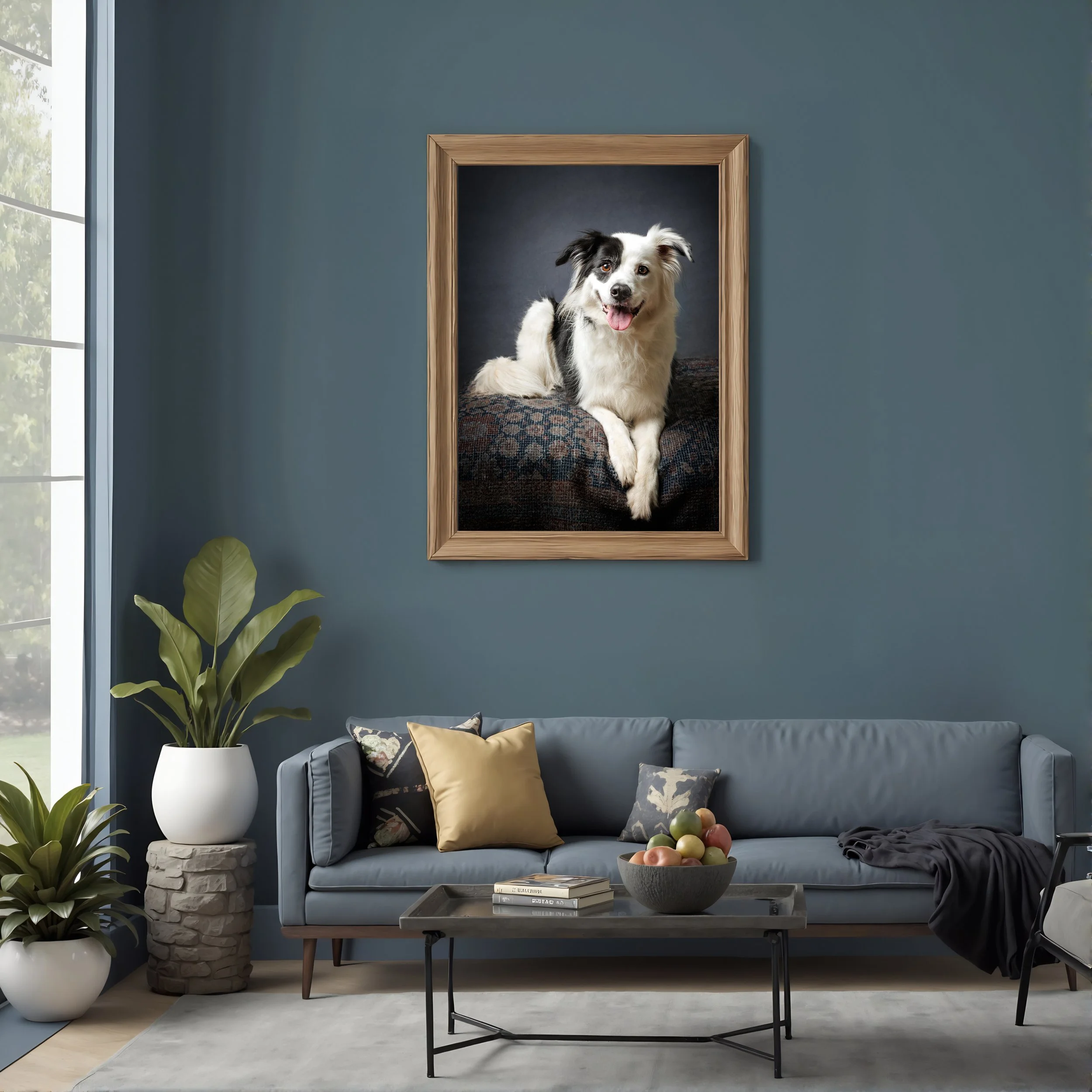 A living room with a blue wall, a gray sofa with yellow and floral pillows, a black coffee table with a bowl of fruit, a book, and a black blanket. A large framed portrait of a black and white dog hangs on the wall above the sofa in Yallingup