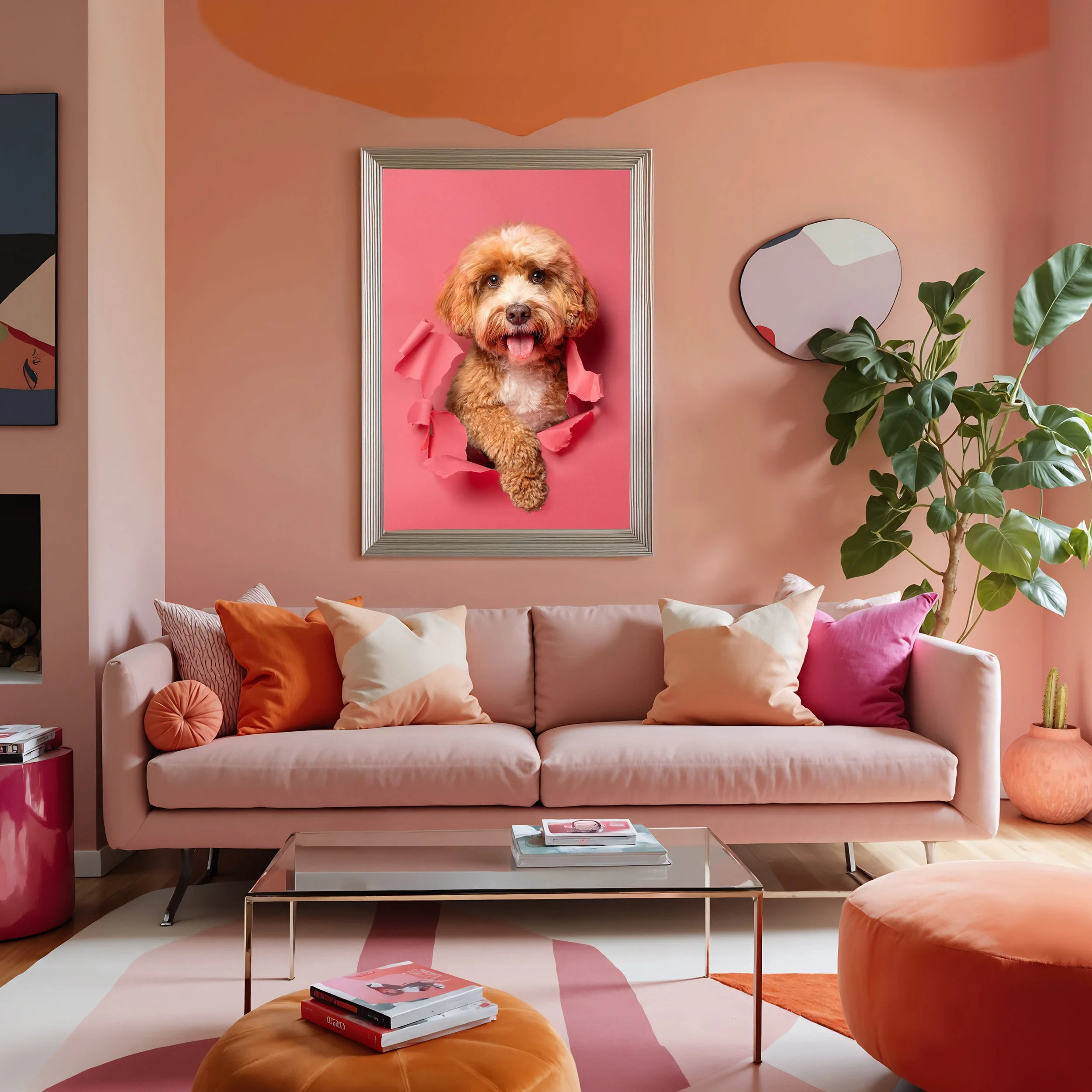 Living room with pink walls, a light pink sofa with orange, cream, and pink pillows, a glass coffee table with magazines, a large potted plant, and a large framed picture of a dog popping through pink torn paper, photographed in Margaret River 