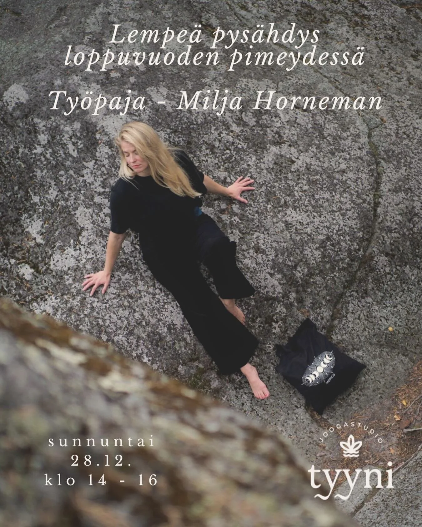 Heng&auml;hd&auml; hetki ennen vuodenvaihdetta rakentaen voimavaroja tulevaan vuoteen 🤍

Kokeneen jooga- ja kehotietoisuusohjaaja sek&auml; stressiresilienssikouluttaja Milja Hornemanin ty&ouml;paja on suunniteltu tukemaan jaksamista vuoden pimeimp&