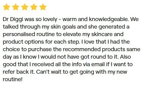 Screenshot of a five-star review with a customer testimonial about skincare products and a positive experience with Dr. Diggi.