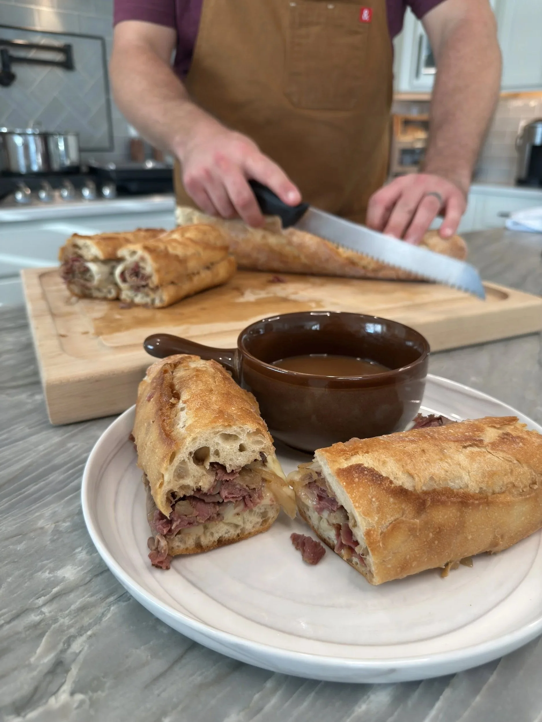 French Dip sandwich and au jus from Fresh Dip Kit at The Quarter Butcher