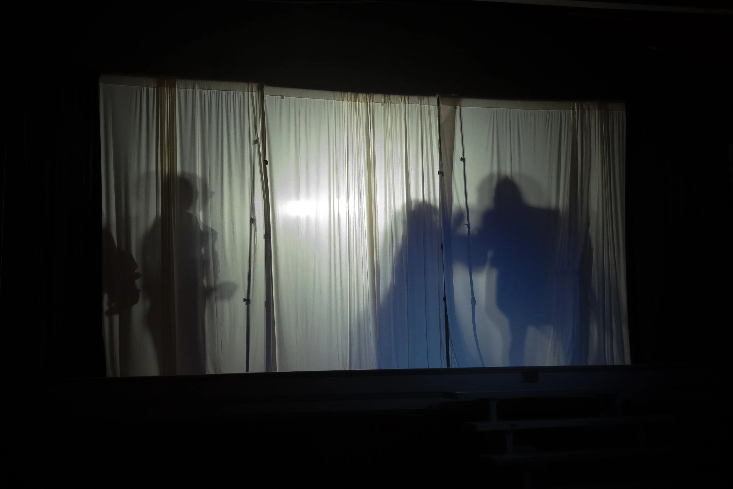 Silhouettes of three people behind a white curtain, with one appearing to talk on a phone, illuminated from behind.