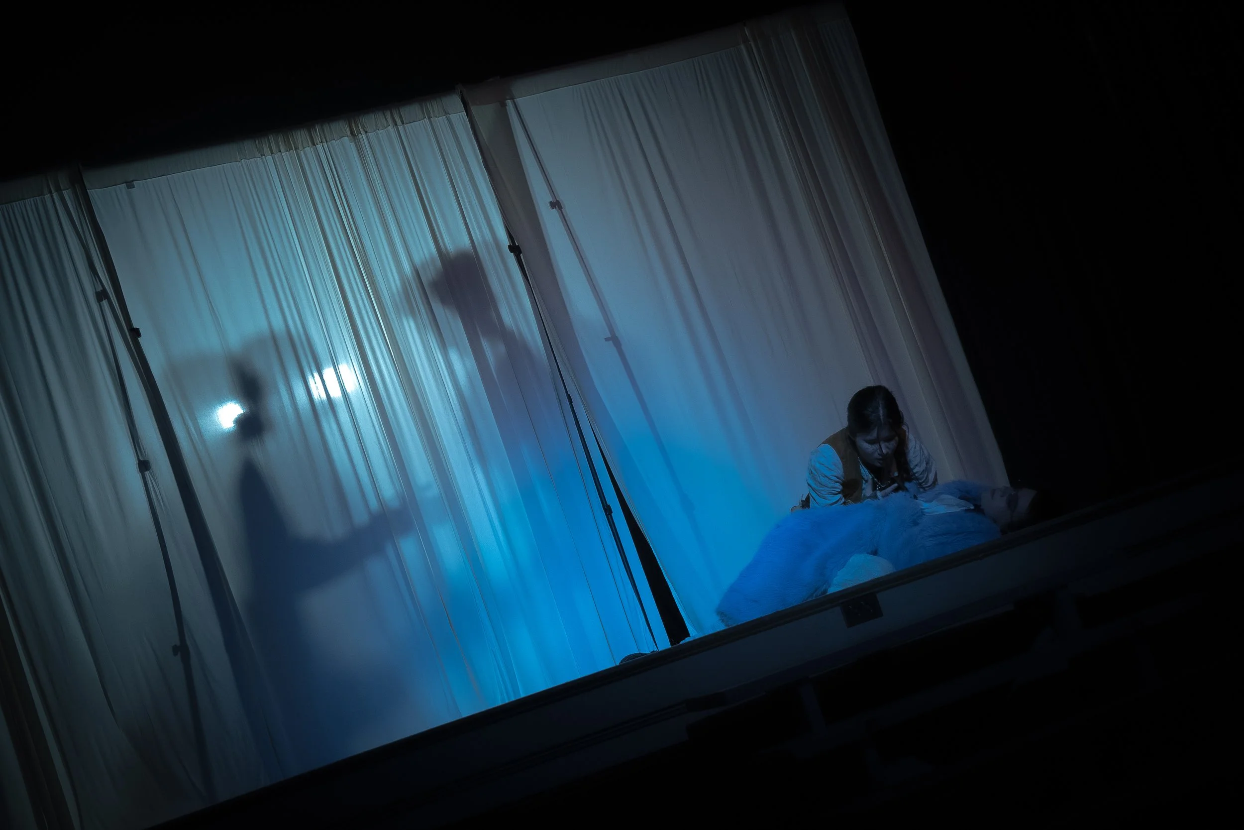 A girl kneeling beside a person lying in bed, illuminated by blue lighting behind a semi-transparent curtain, with shadows of multiple lamps projected on the curtain.