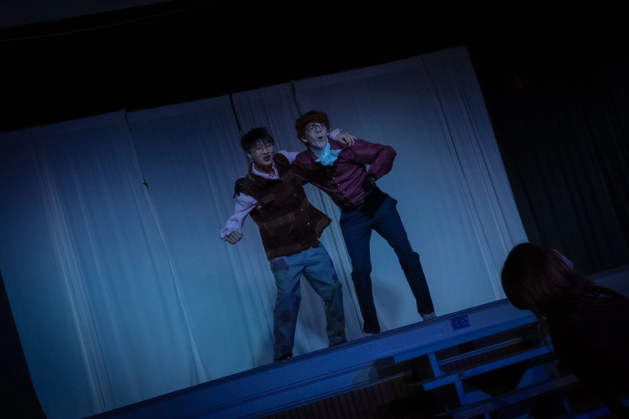 Two people performing on a stage with a light-colored curtain backdrop, appearing to sing or act with expressive gestures.