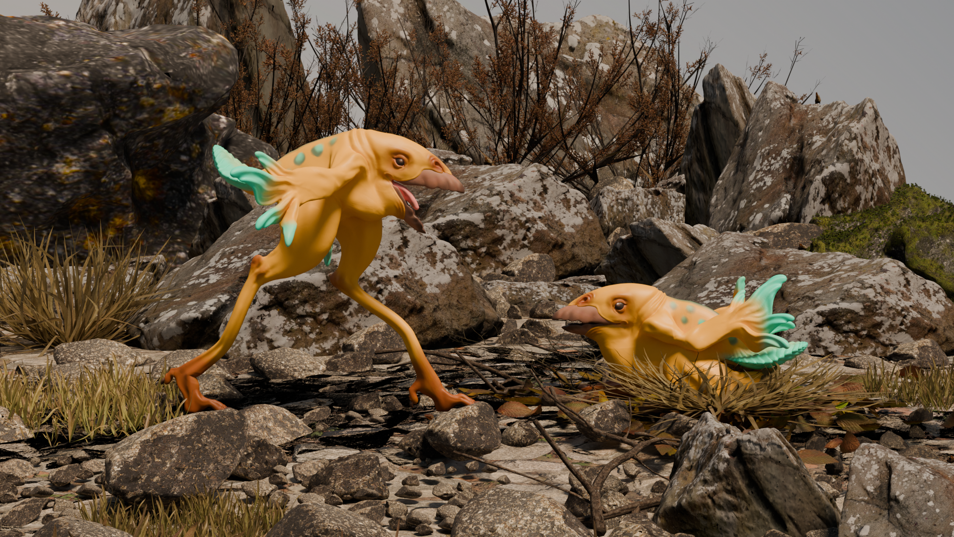 Rendered picture with vegetation add-ons made in Blender 3D