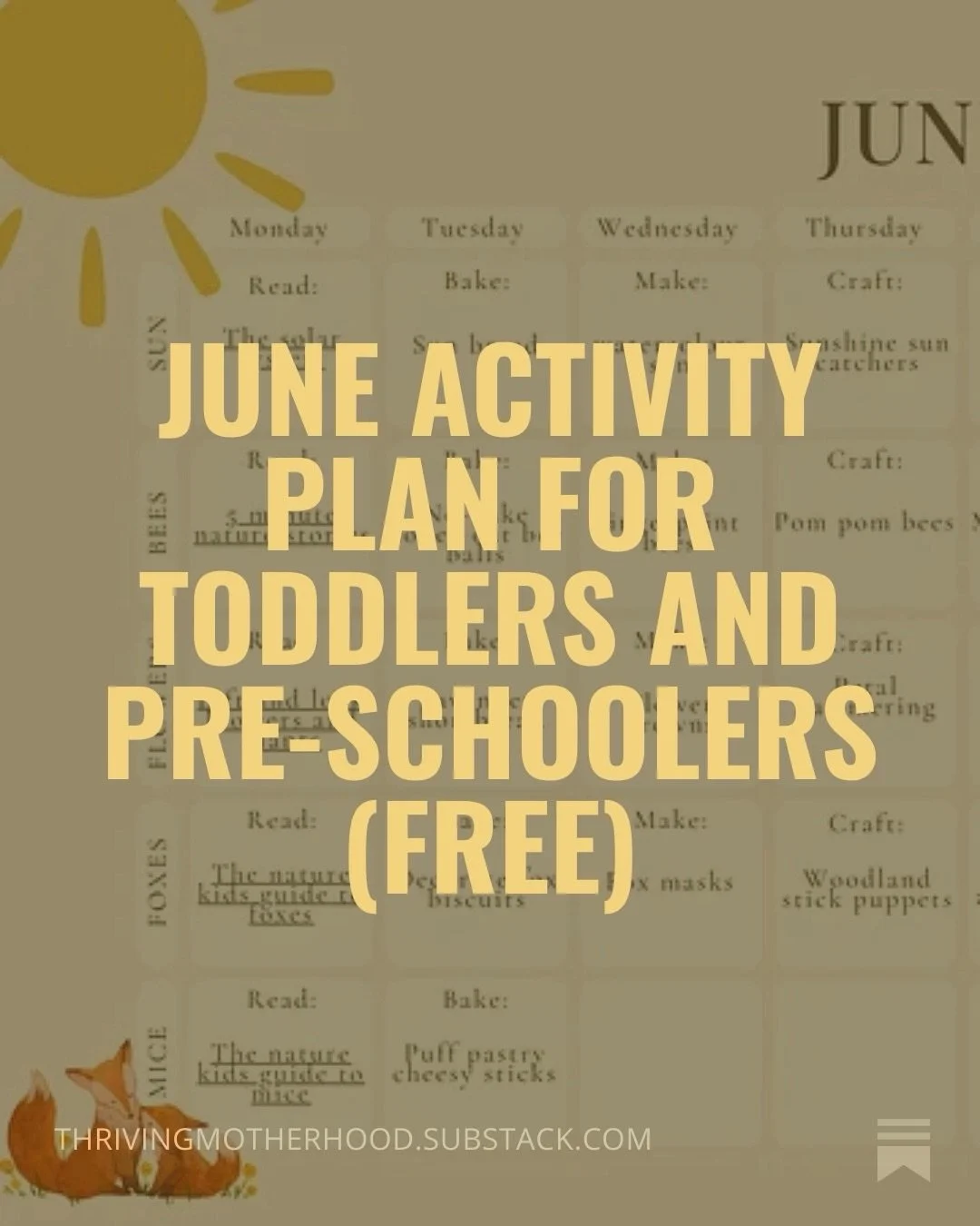 June&rsquo;s activity plan is here 🌞

This month we&rsquo;re following the gentle rhythms of early summer with stories, baking, crafts, handwork and outdoor adventures inspired by the sun, bees, flowers, foxes and mice.

If you&rsquo;re looking for 