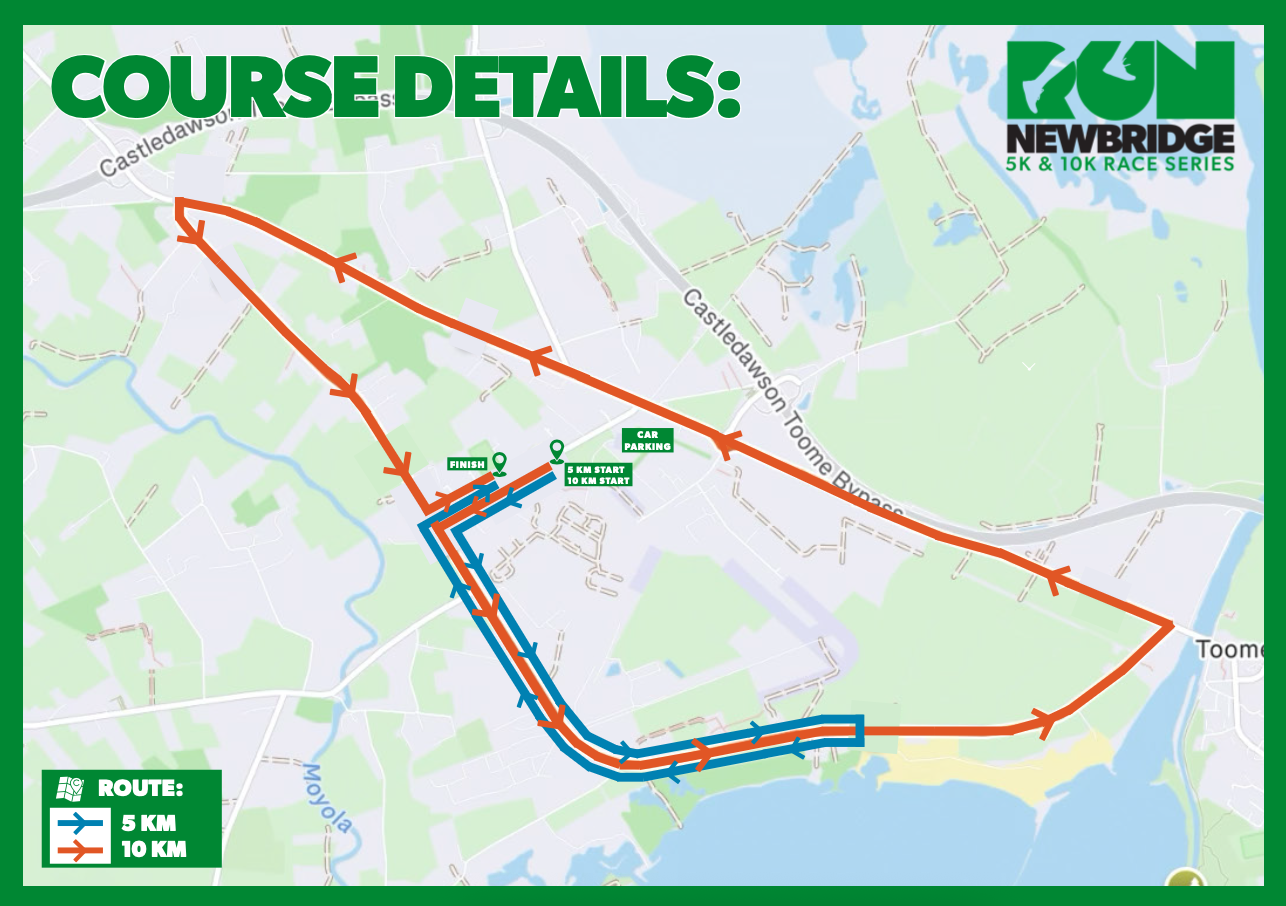 Map showing the course details for a running event in Newbridge, with routes marked for 5 km and 10 km races, including start, finish, and car parking locations.