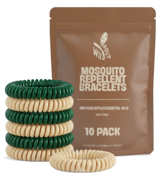 A brown resealable bag labeled 'Mosquito Repellent Bracelets' from the brand 'Ground Wild,' with an image of a leaf and the note 'Infused with essential oils,' 'Deet free,' containing 10 bracelets. Next to the bag are several green and beige coil-shaped bracelets.