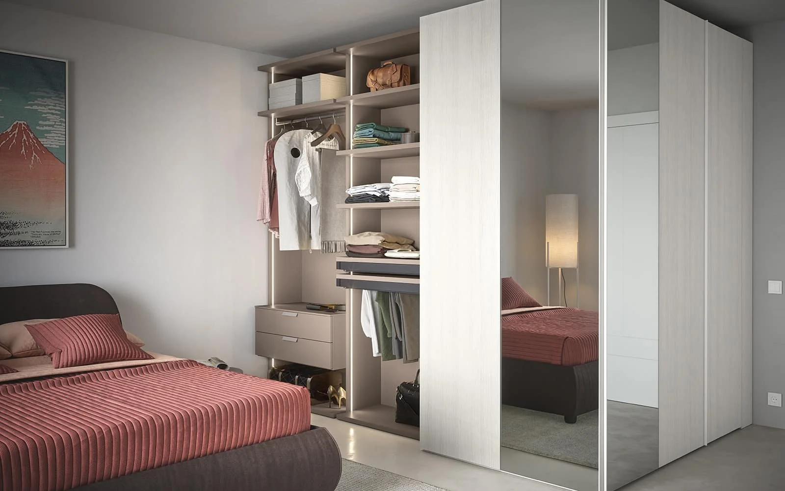 Bedroom with bed, wardrobe, open closet with clothes, mirror, and lamp