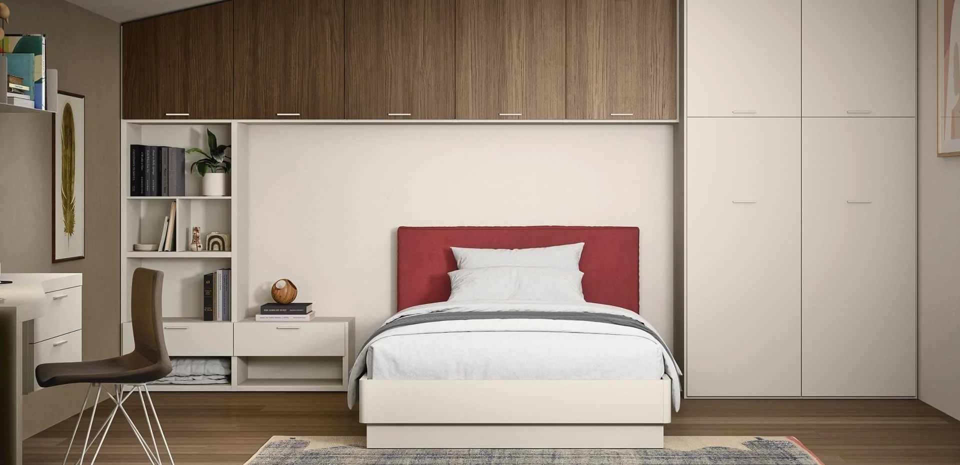 Modern bedroom with white bed, red headboard, built-in shelves, and cabinets