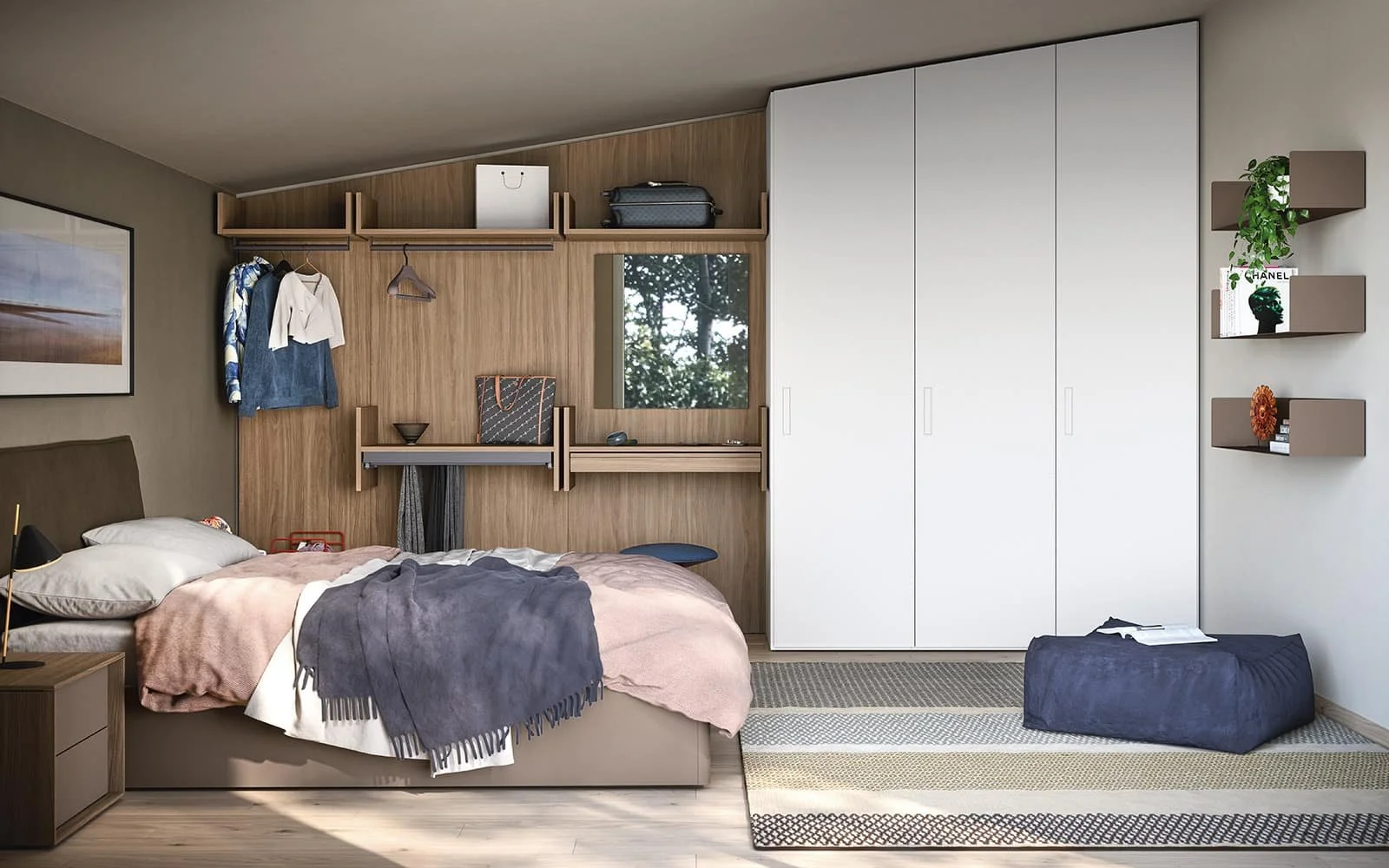 Bedroom with bed, nightstand, wardrobe, and decorative wall shelves.