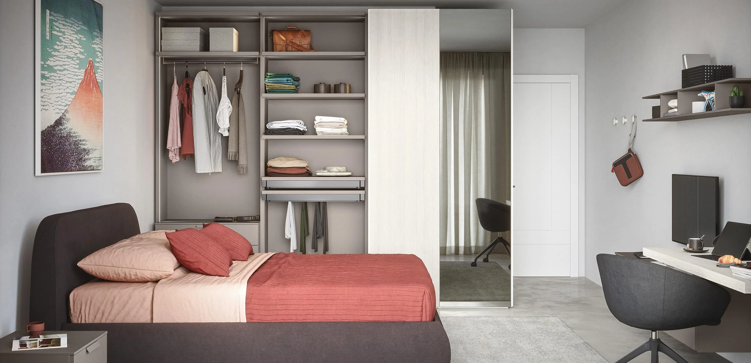 A modern bedroom with a bed, an open closet with hanging clothes and folded towels, a desk with a computer and a chair, and a wall-mounted shelf with books and decorative items.