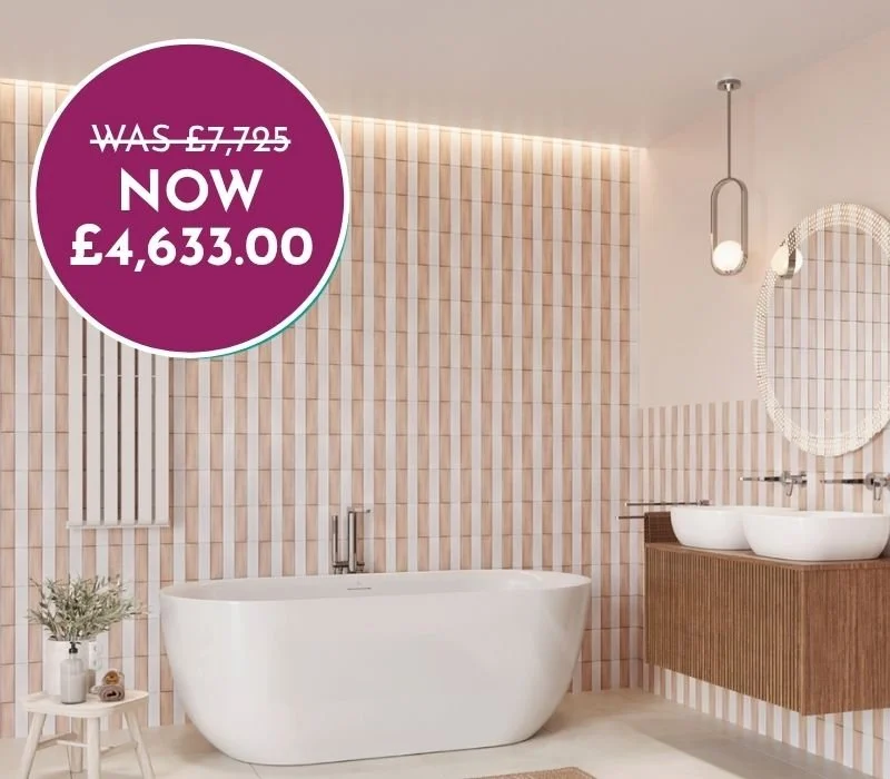 Modern bathroom with a freestanding white bathtub, wooden vanity with two vessel sinks, circular mirror, and a round pink sign indicating a discounted price of £4,633, down from £7,295.