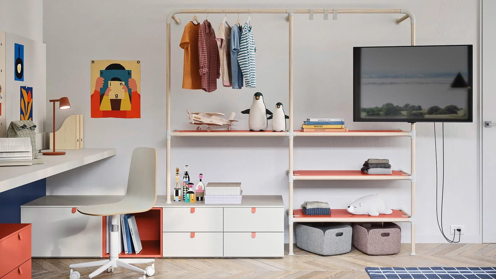 A children's home workspace with a white desk, tan chair, colourful decorative items, a shelving unit with clothes and books and decorative penguin and animal figures on the shelves.