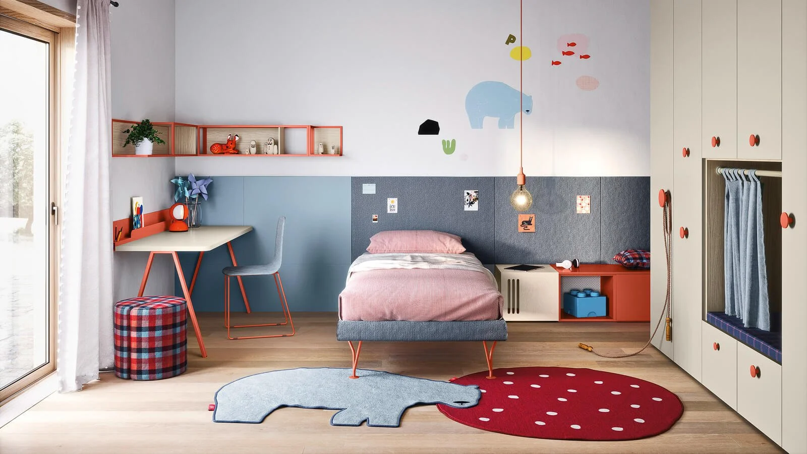 A children's bedroom with a bed, desk, wardrobe, and playful decor, including animal-shaped rugs and colourful wall art.