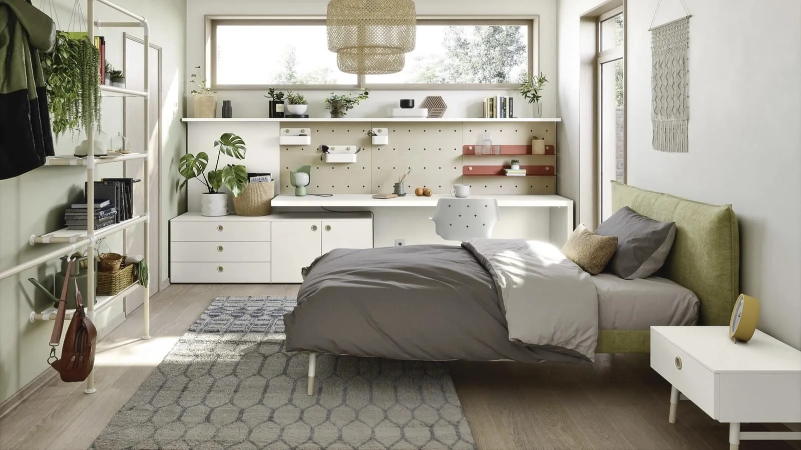 A modern bedroom with a bed, nightstand, desk, and wall shelves, decorated with plants and books, featuring a window and a light-coloured rug.