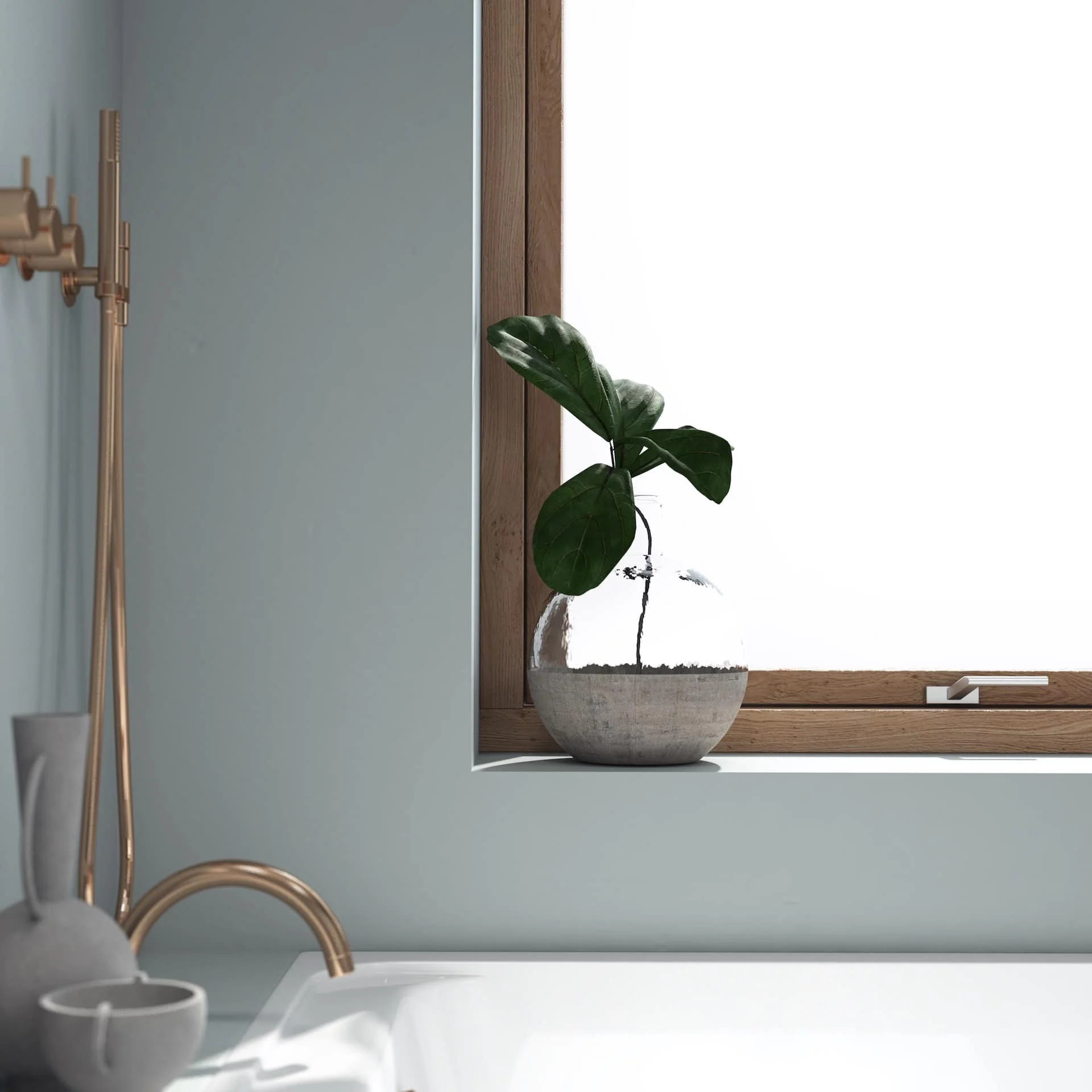A windowsill with a ceramic vase containing a green leafy plant next to a wooden window frame, part of a bathroom sink and faucet are visible.