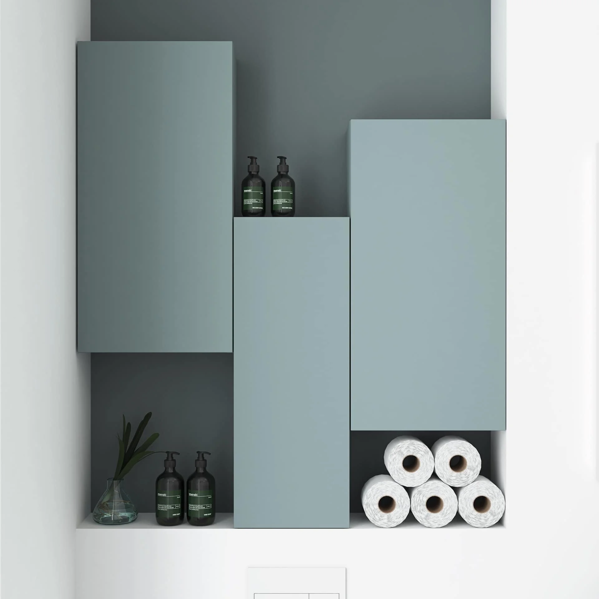 Blue cabinets and shelves on a white wall with toilet paper rolls on the bottom shelf and two bottles of liquid soap on top.